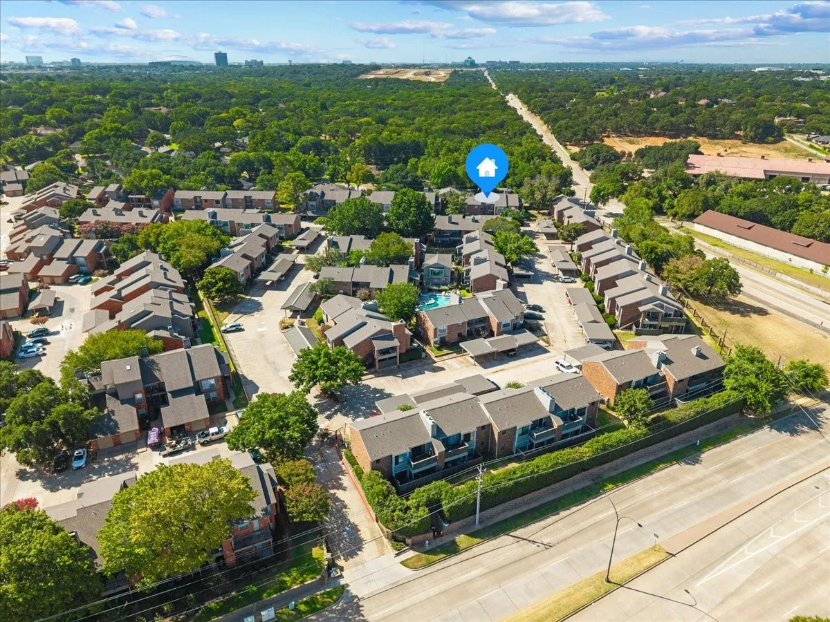 Aerial view showing horse farm on right, gate into the Columbine is off Green oaks, and exit gate is off Cooper.