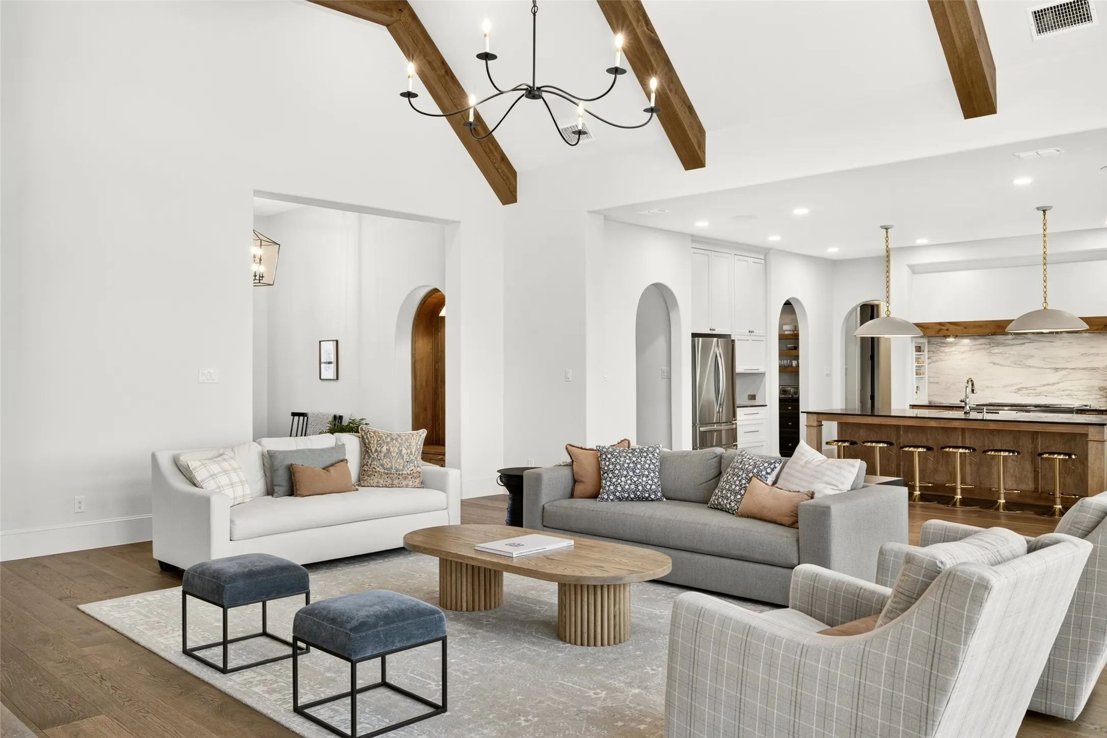 Vaulted ceiling with exposed wood beams