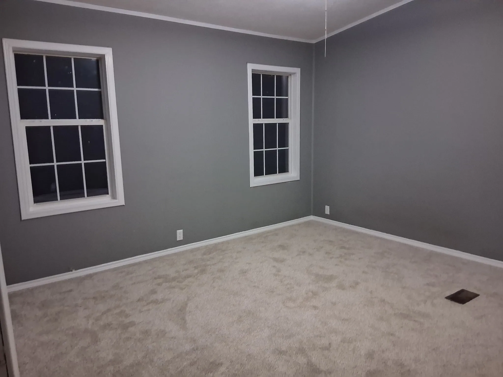 Neutral gray wall paint, white window trim, white baseboards, and light-toned carpet