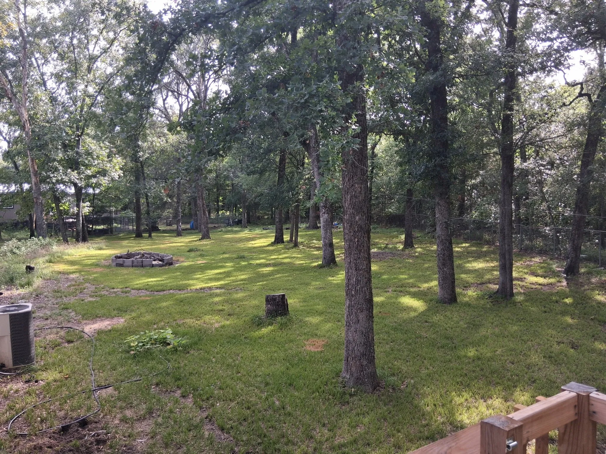 Expansive backyard featuring mature trees, a stone-lined fire pit, and a grassy lawn