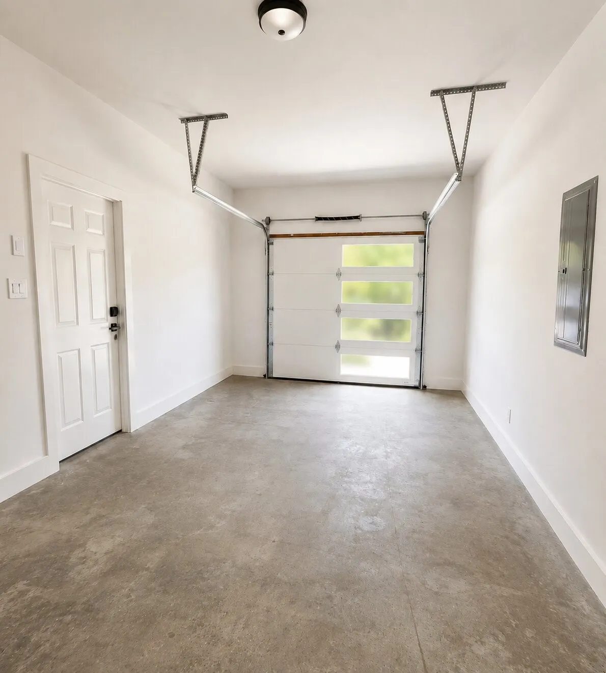 Modern garage door with frosted glass panels, concrete flooring, and flush-mount ceiling light