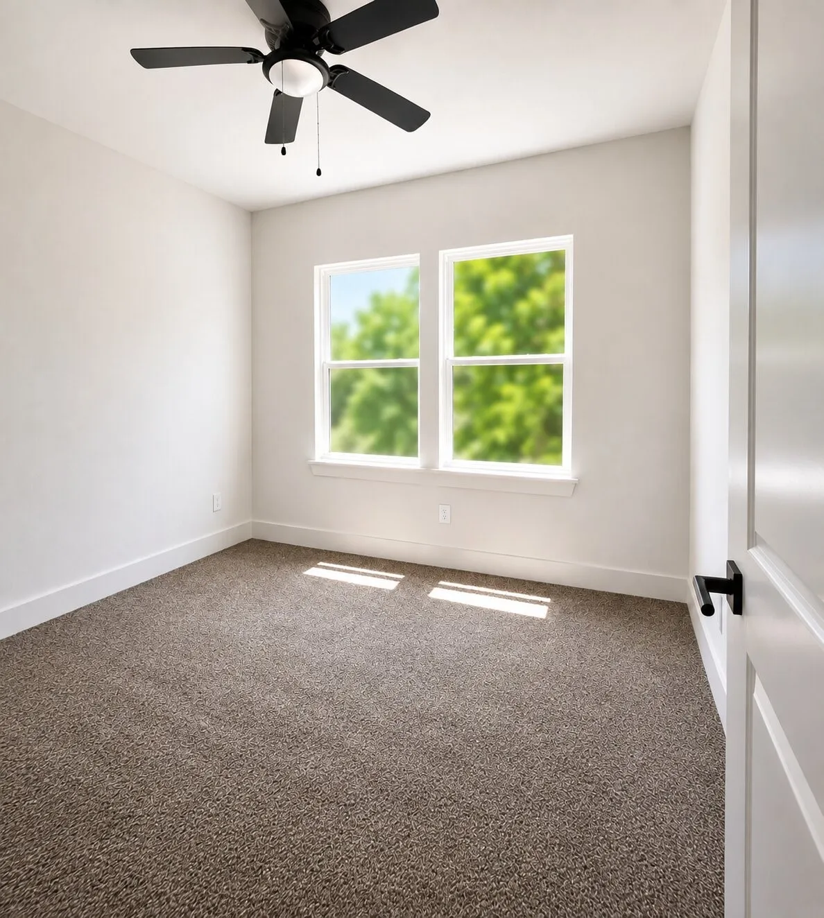 Neutral-toned carpeting, white walls, and a black ceiling fan with an integrated light fixture