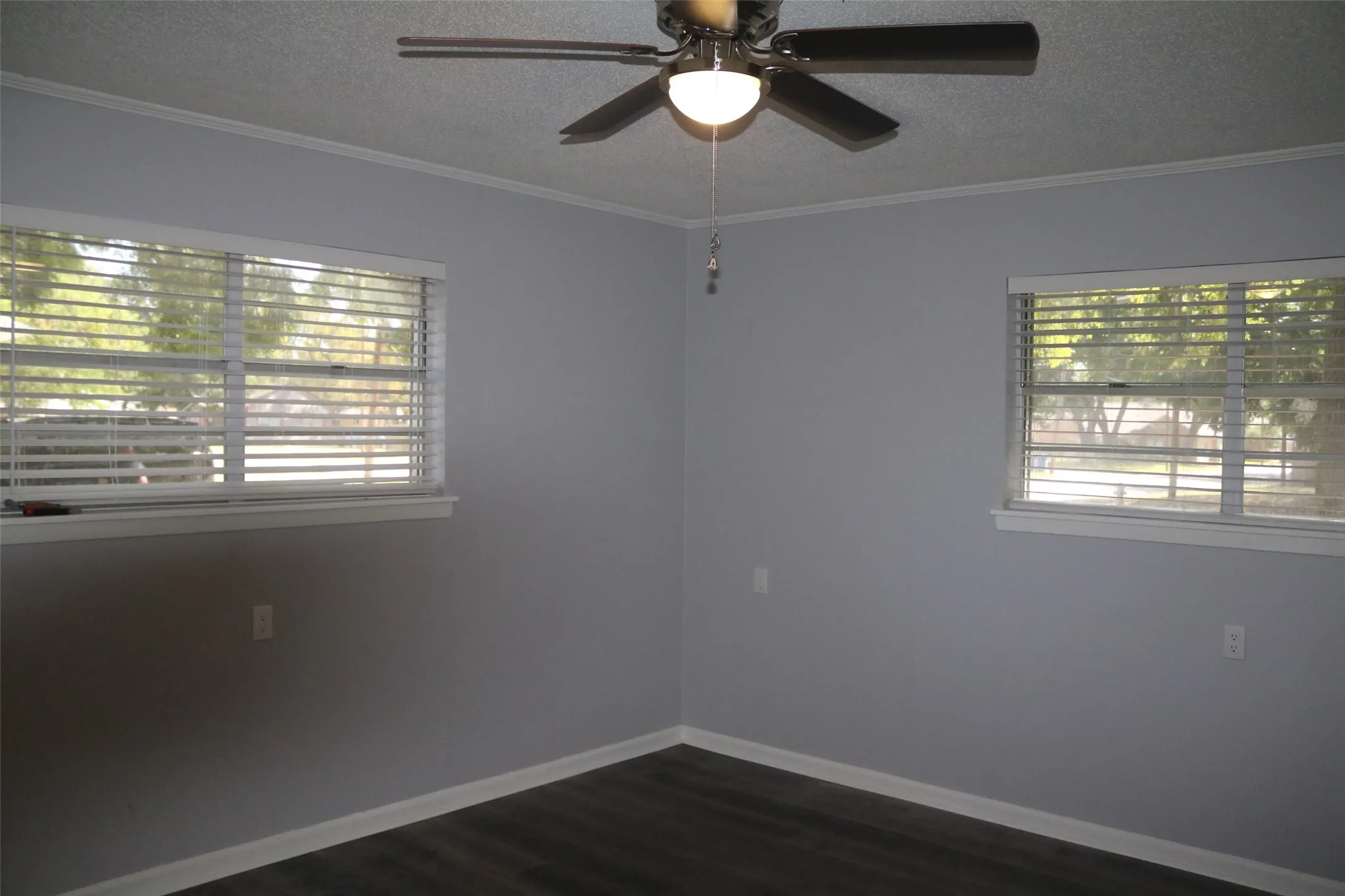 Light gray wall finish with crown molding, two windows with blinds, dark wood-finish flooring, and a ceiling fan with integrated lighting