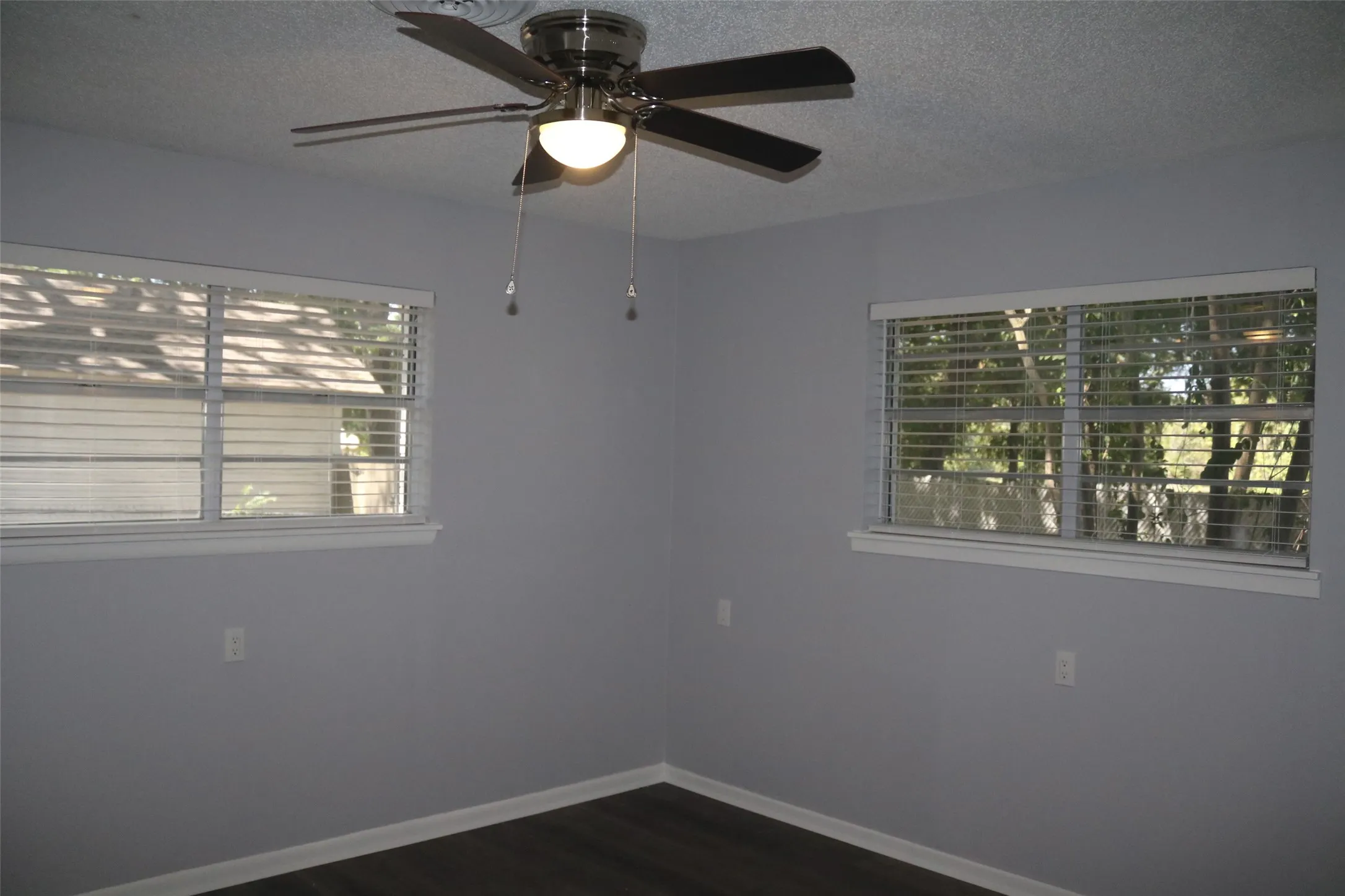 Neutral wall color, dark wood-finish flooring, and white window blinds