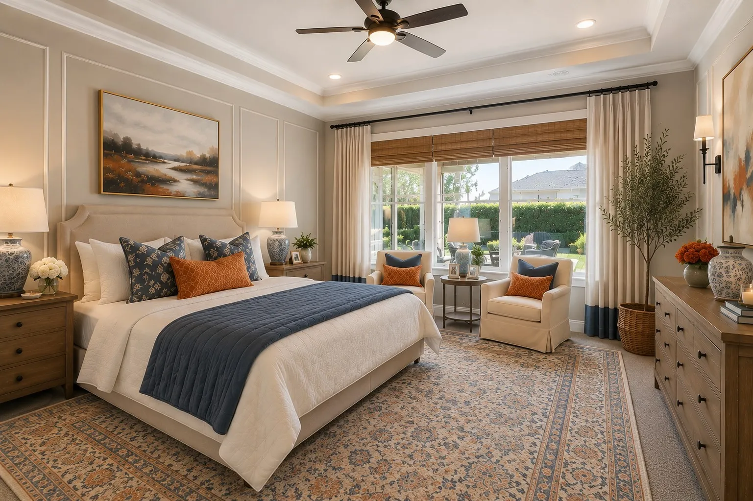 WE SEE THE ADDITIONAL PRIMARY LIKE THIS. NATURAL LIGHT FROM THE SUNROOM, KING BED AND SITTING AREA.