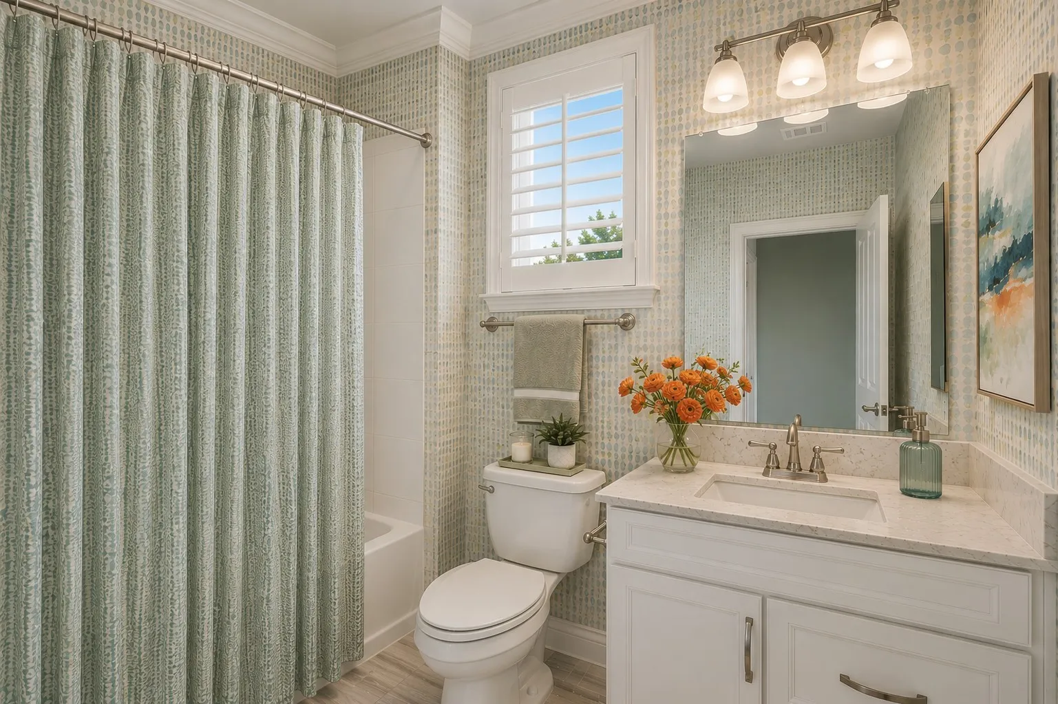 WE ENVISION THIS BATH WITH A SPLASH OF WALL PAPER AND SHUTTERED WINDOW.