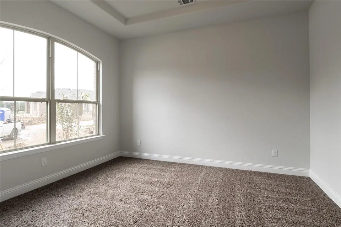 Arched window, tray ceiling, neutral wall tones, plush carpeting, and crisp white trim