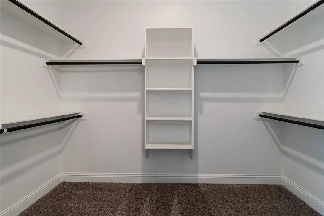 Walk-in closet featuring built-in shelving, multiple hanging rods, and plush carpeting
