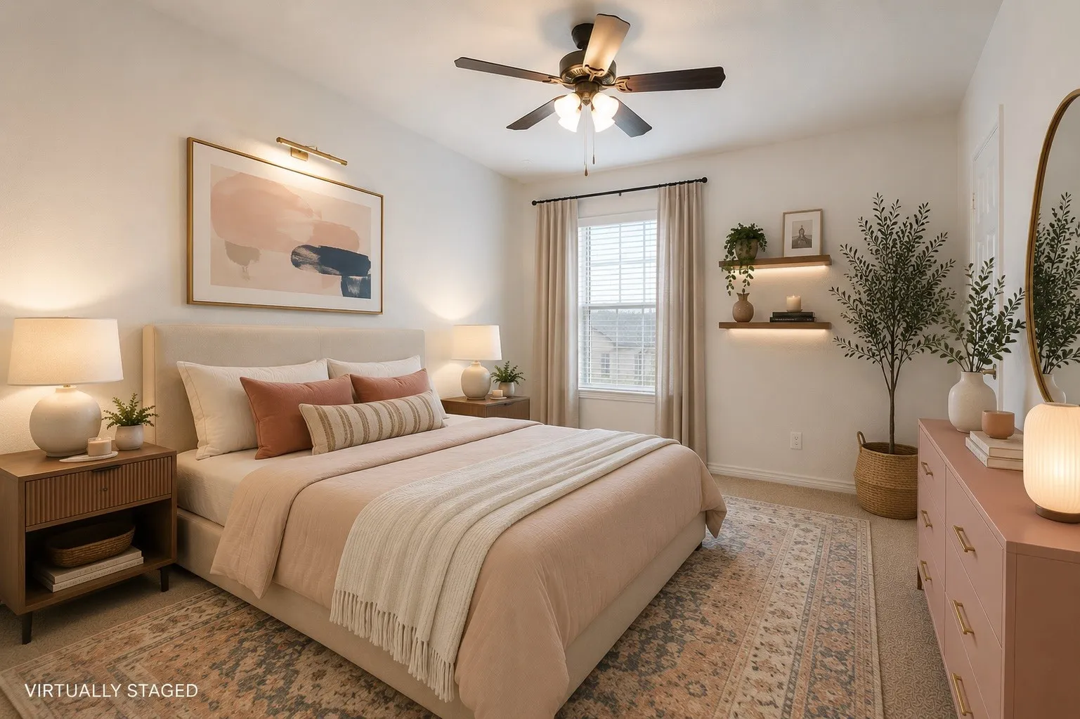 Bedroom 4 Upholstered bed frame, single window with blinds and drapes, ceiling fan with integrated lighting, two wall-mounted floating shelves with accent lighting, and a built-in light fixture above the bed