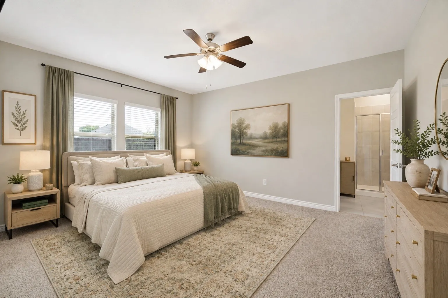 Recessed lighting, wood-finish ceiling fan, and carpeted flooring