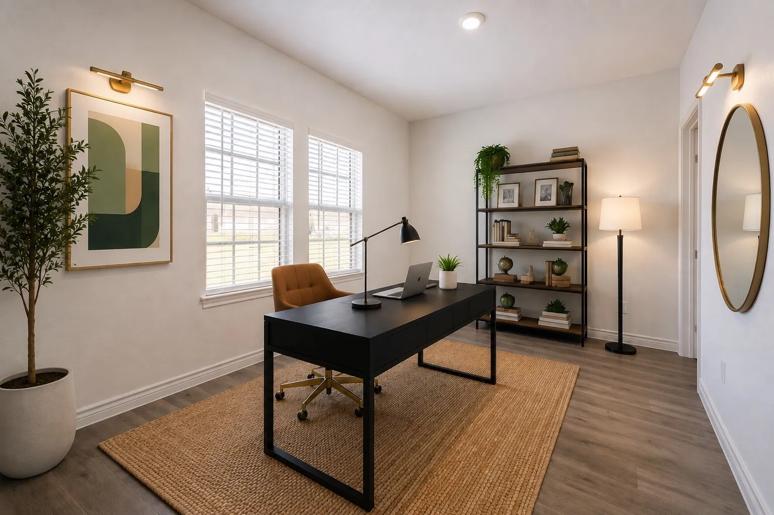 Office Recessed ceiling lighting, wood-finish flooring, two windows with blinds, and a built-in shelving unit