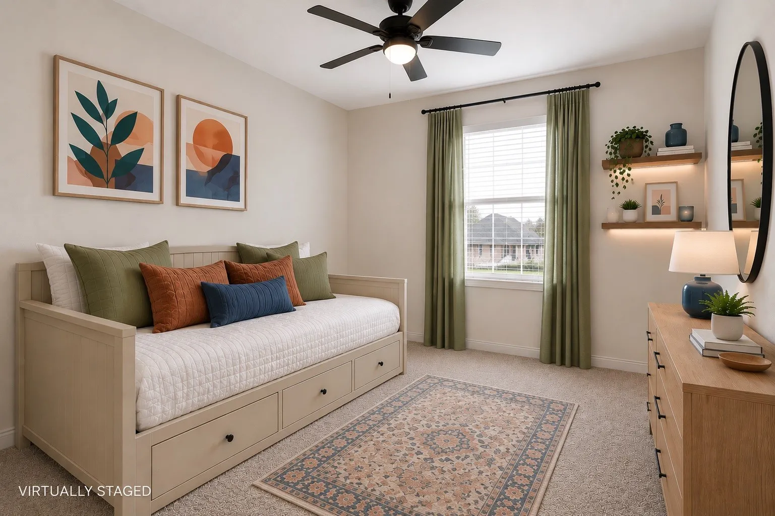Bedroom 2 Recessed window with blinds, ceiling fan with integrated lighting, built-in shelving with accent lighting, and neutral-toned wall paint
