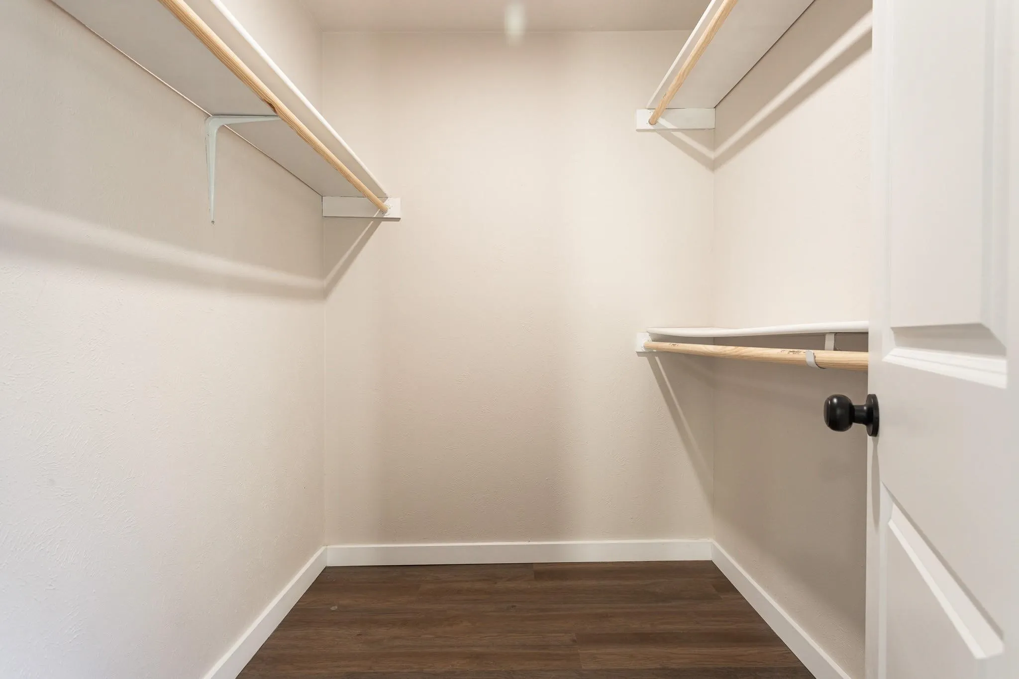 Primary Bedroom-Walk-in closet with wood-finish flooring, white walls, and built-in shelving with hanging rods