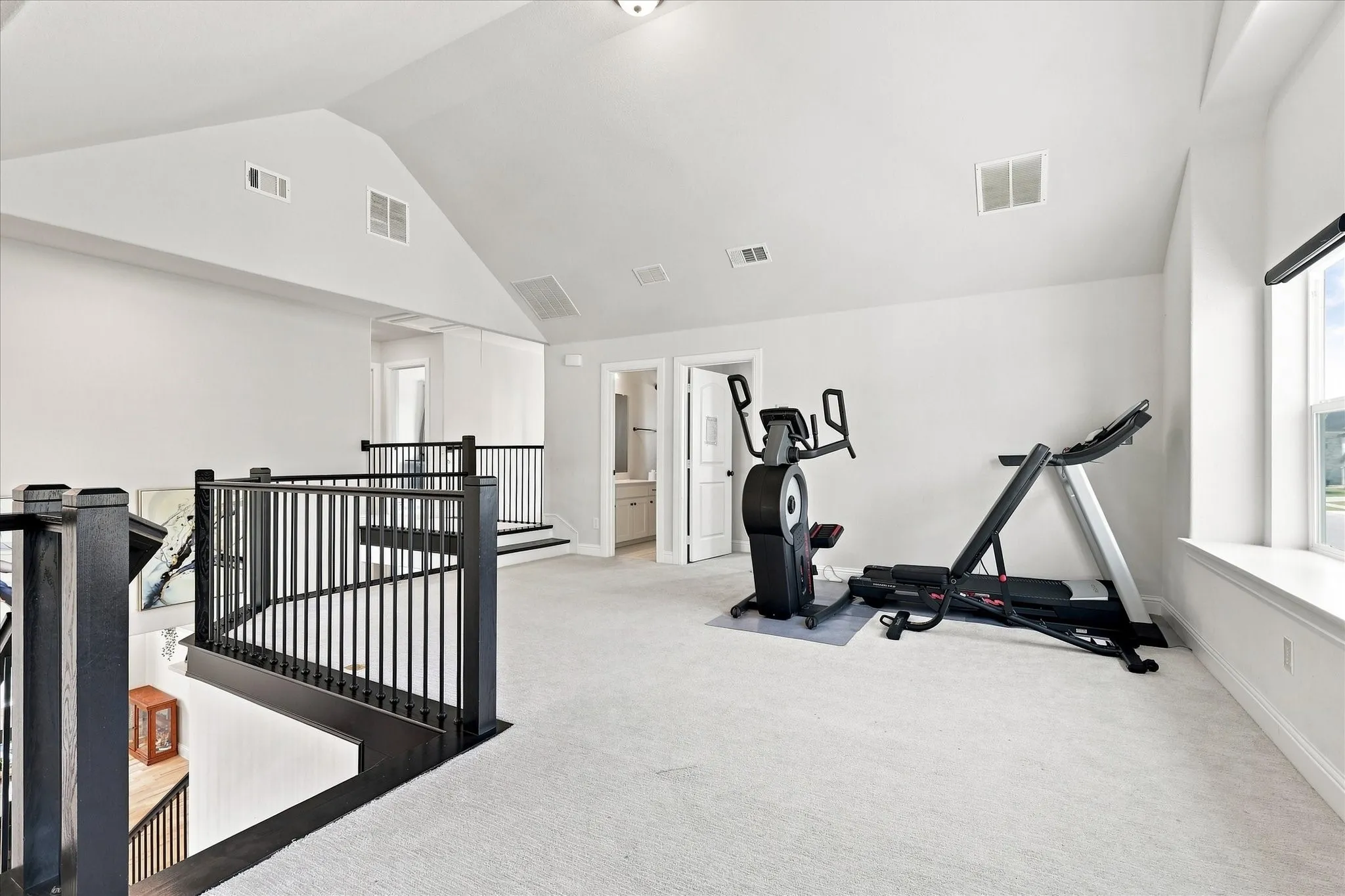 Spacious bonus room featuring carpeted flooring and black metal railings