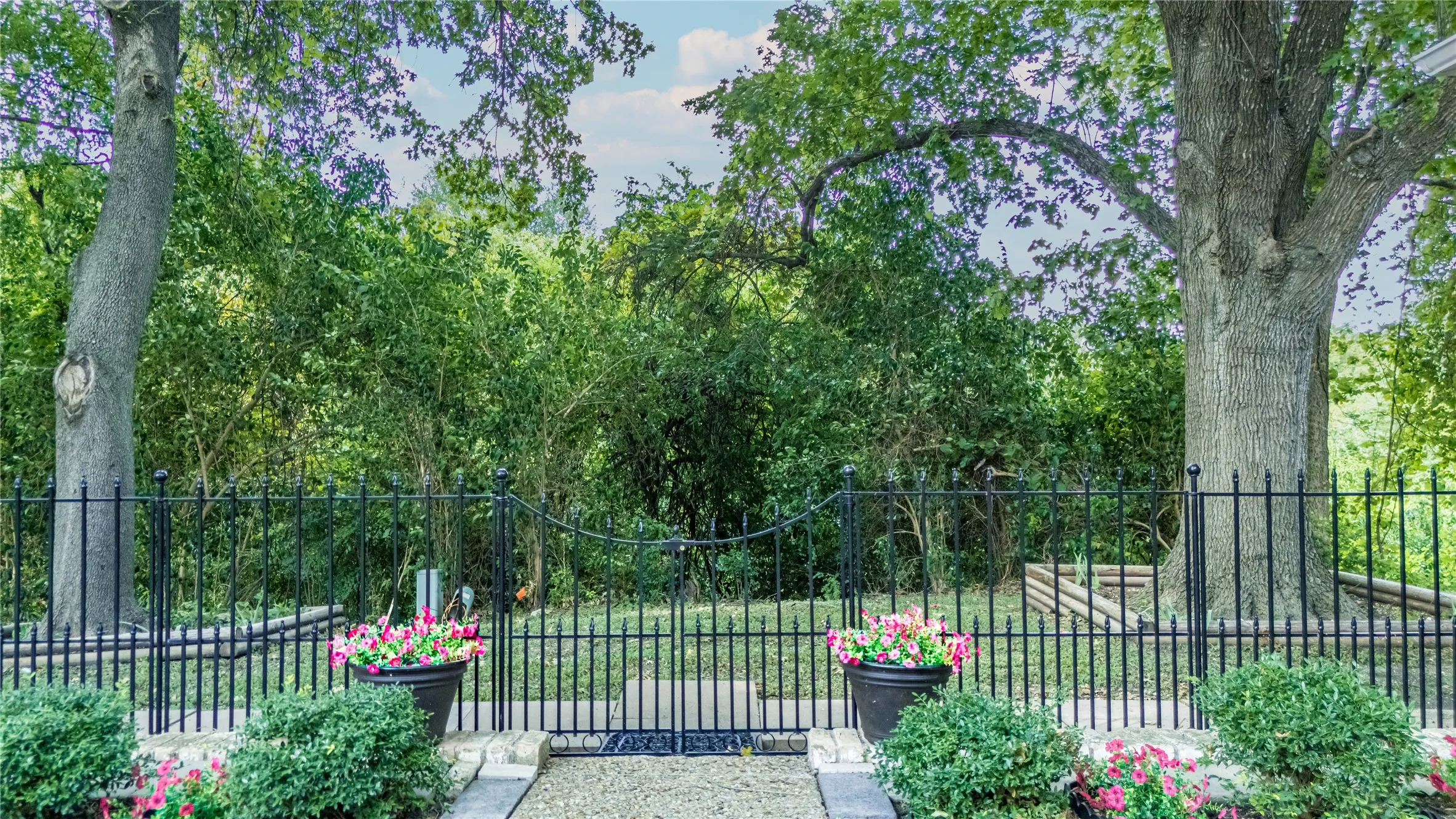 Backyard with wrought iron fencing with a gated entry, mature trees, manicured shrubs, and container plantings