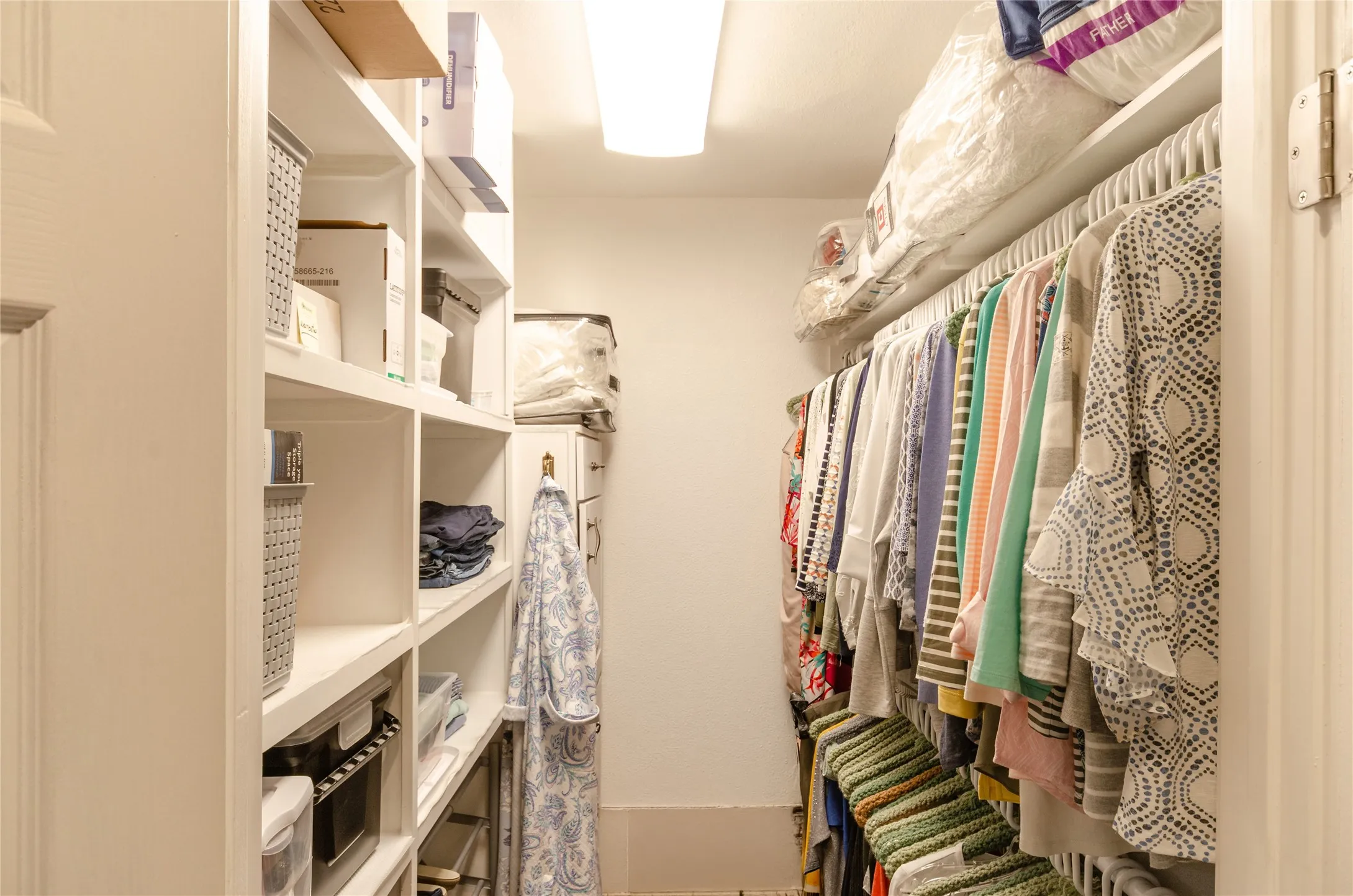 Custom built-in shelving, white wall paint, flush mount lighting, hard surface flooring, and a white door frame
