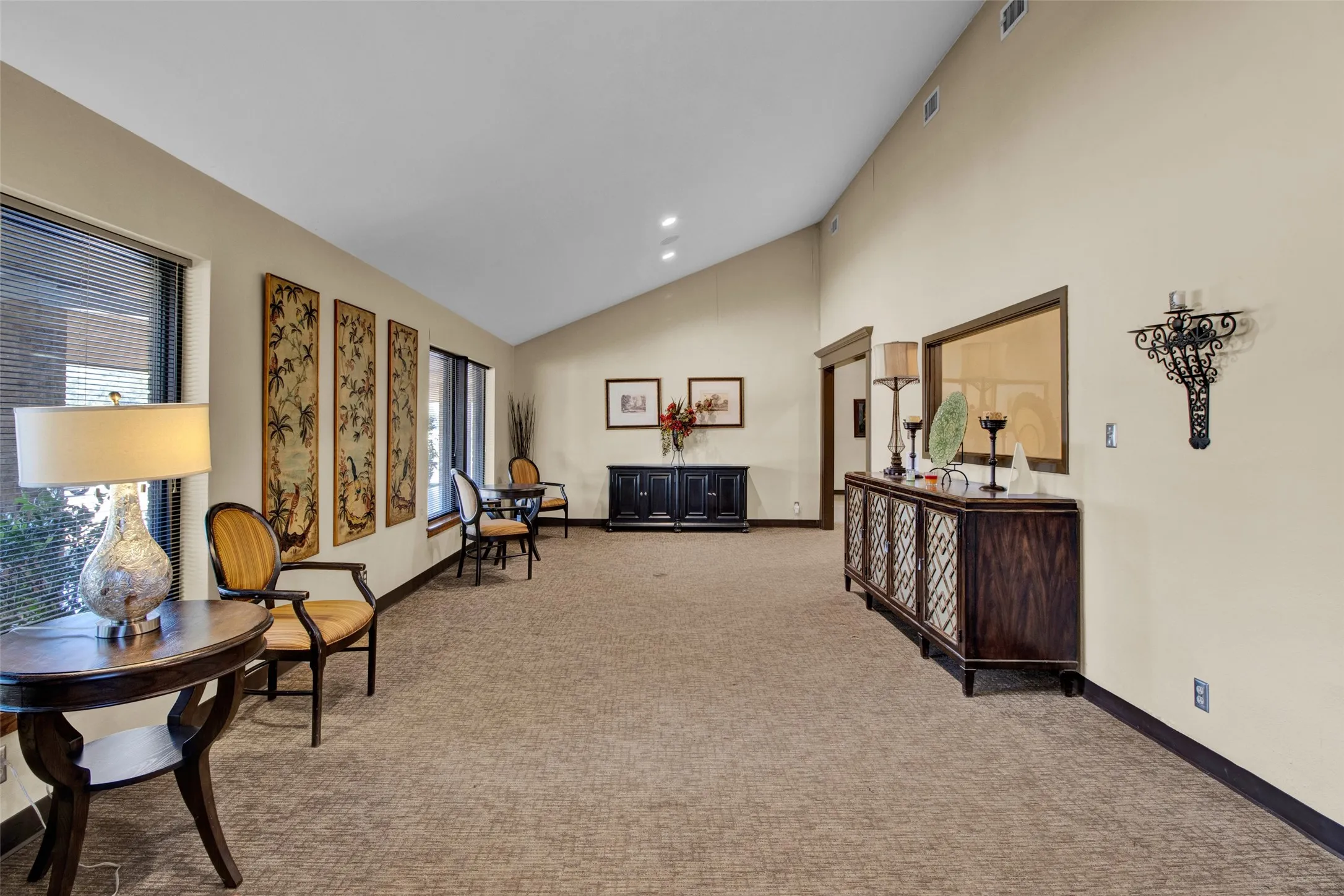 Vaulted ceiling accentuates the spacious room