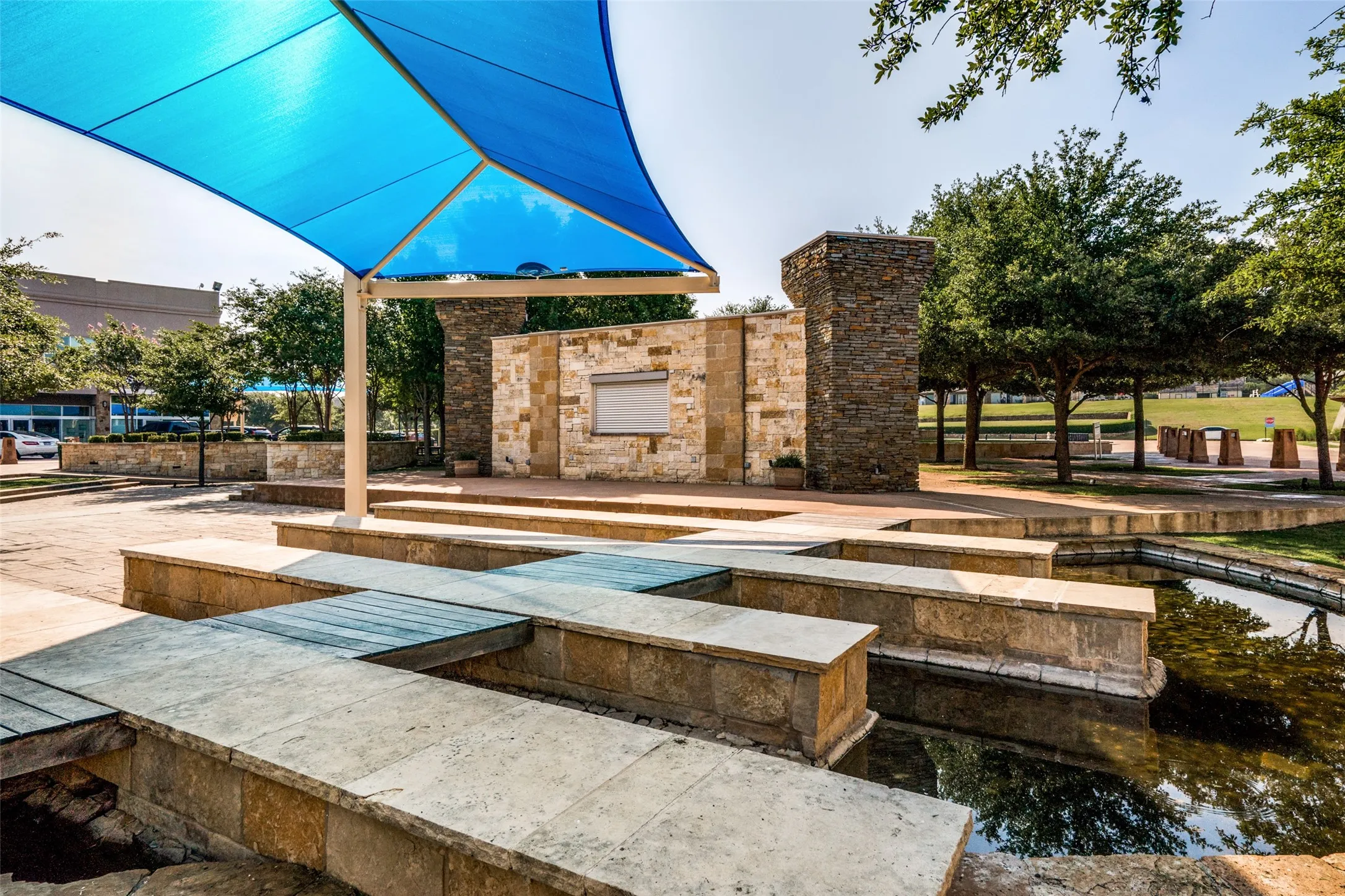 Village Shops area and community outdoor seating for movies and events