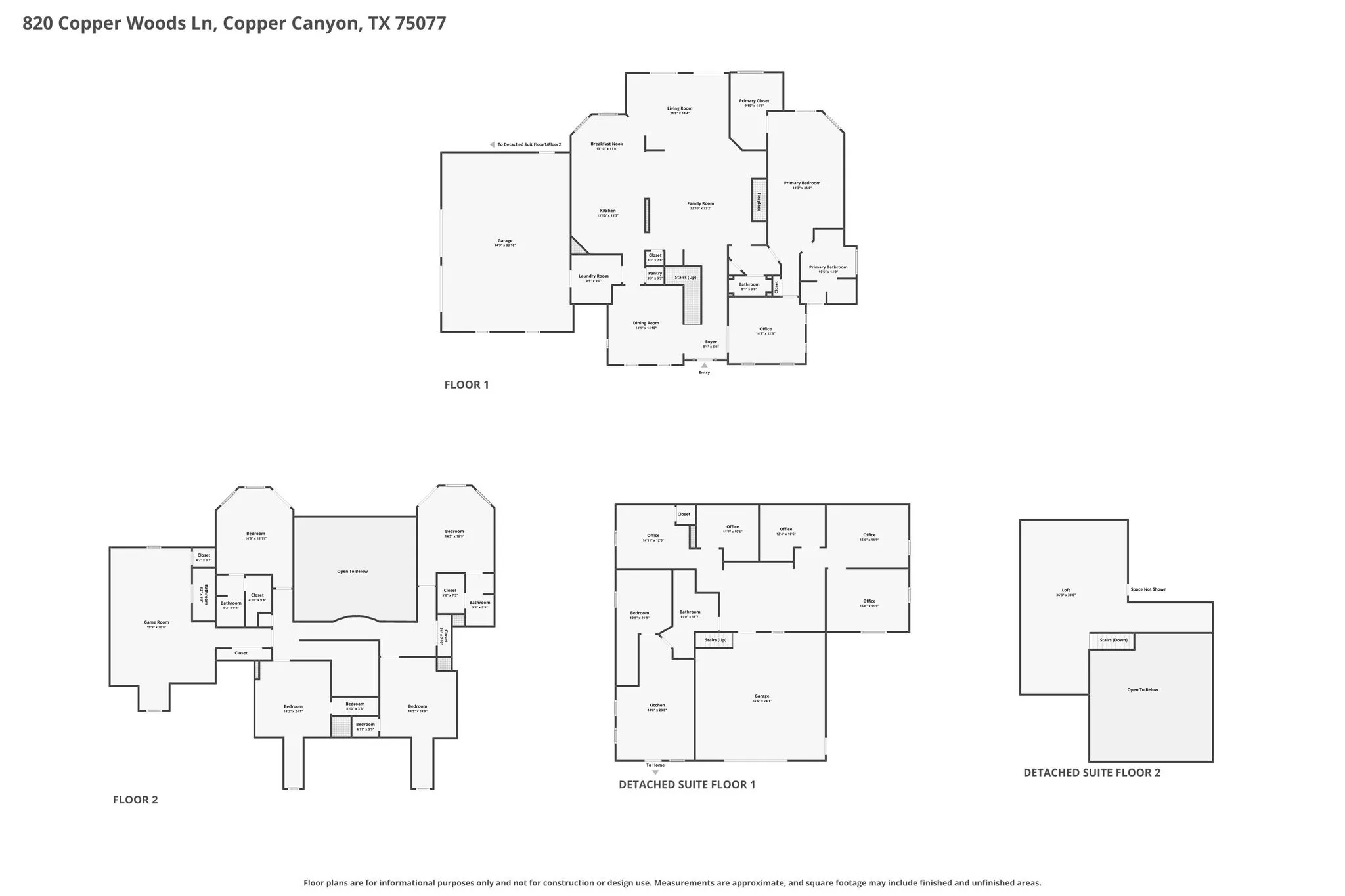 Floor plans of all living areas and office suites. Additional AC called room not pictured