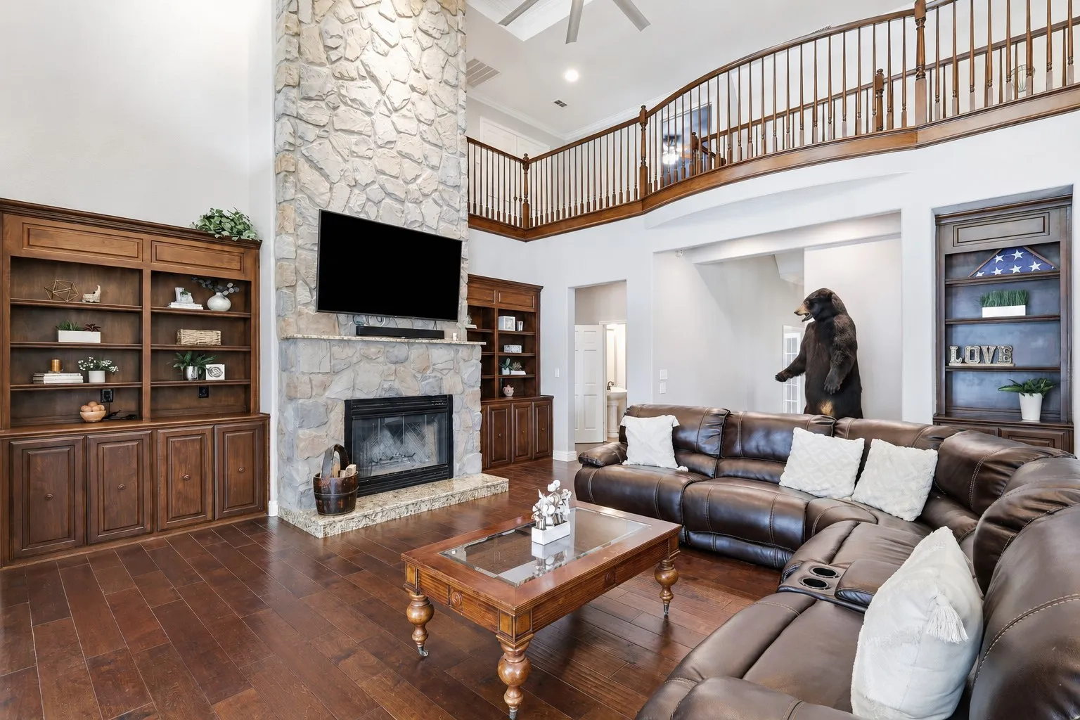 Relax in front of the fire and your favorite beverage (Taxidermy removed using AI)