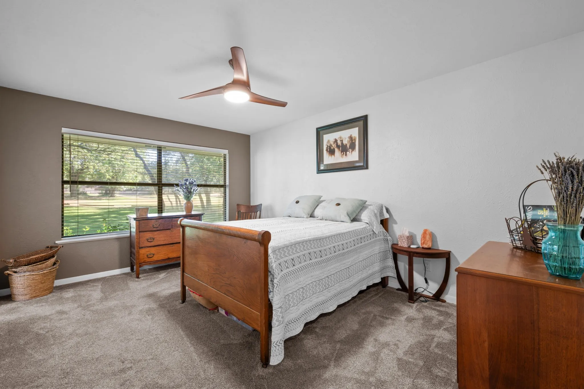Plush carpet flooring, a large window with blinds, and a built-in ceiling fan with integrated lighting