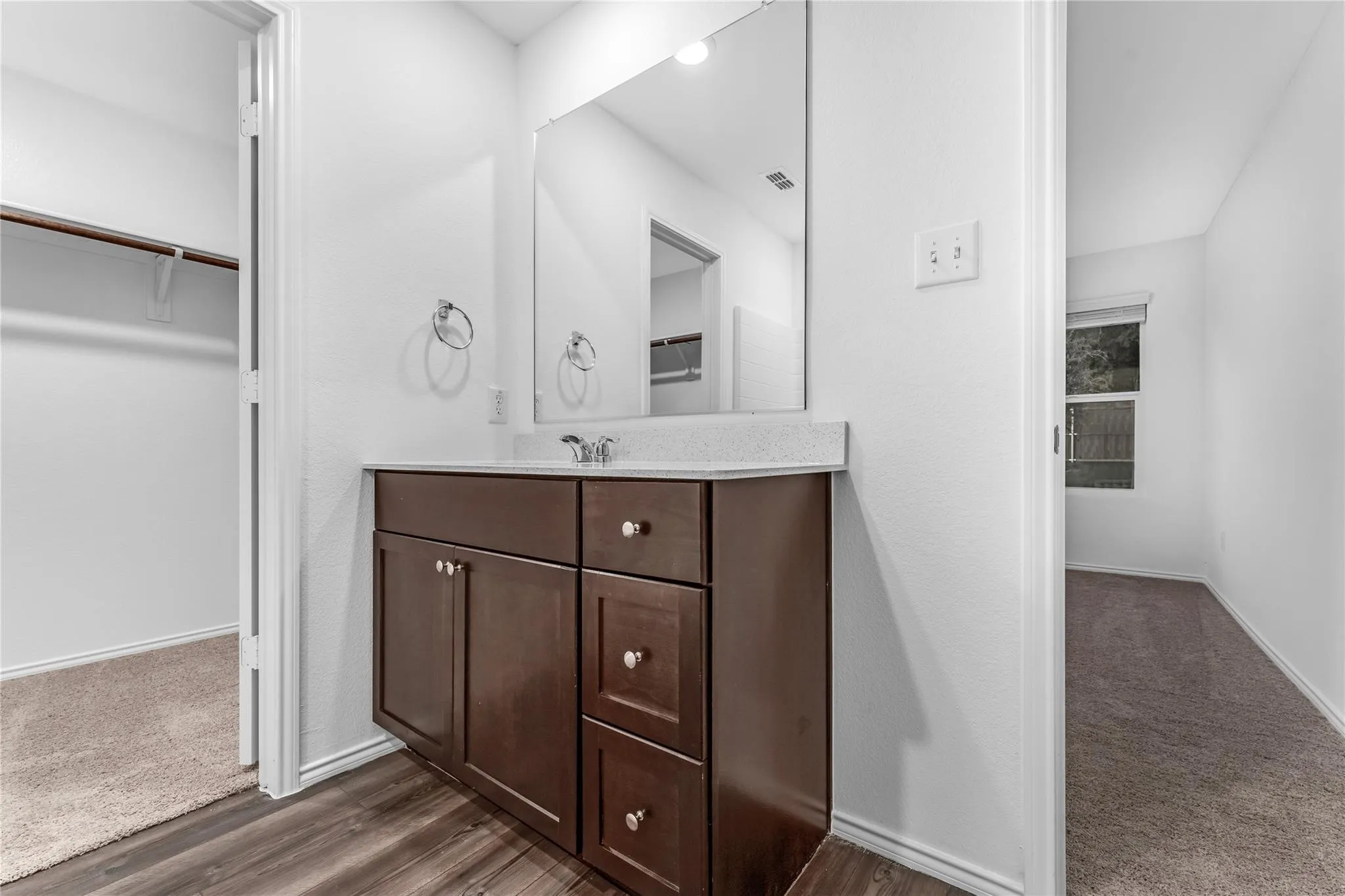 Bathroom featuring vanity, a walk in closet, and dark wood-style floors