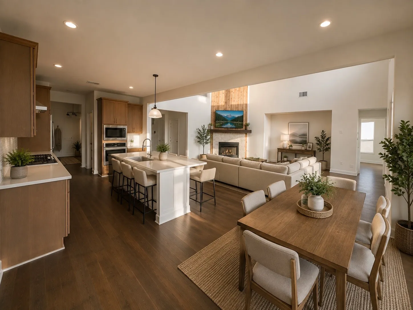 Open-concept living area featuring wood-finish flooring, a kitchen island with seating, built-in stainless steel appliances, a fireplace with a mantel, and recessed lighting