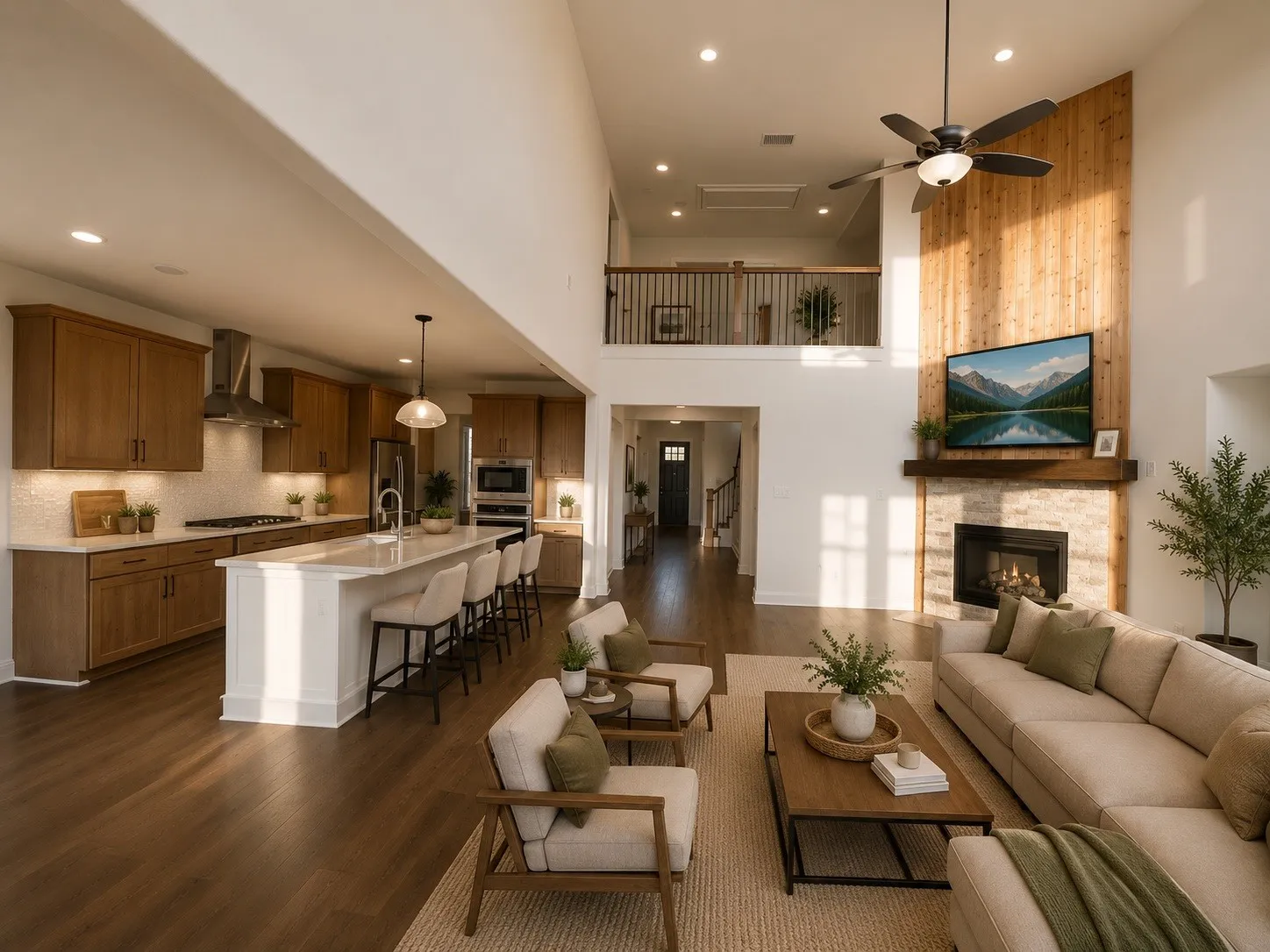 Open-concept living space with a two-story ceiling, wood-finish flooring, and a stone-clad fireplace with a wood mantle