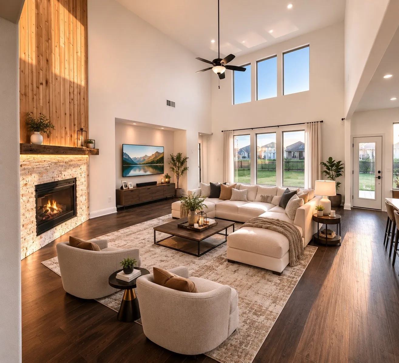 Soaring ceiling with recessed lighting and a ceiling fan
