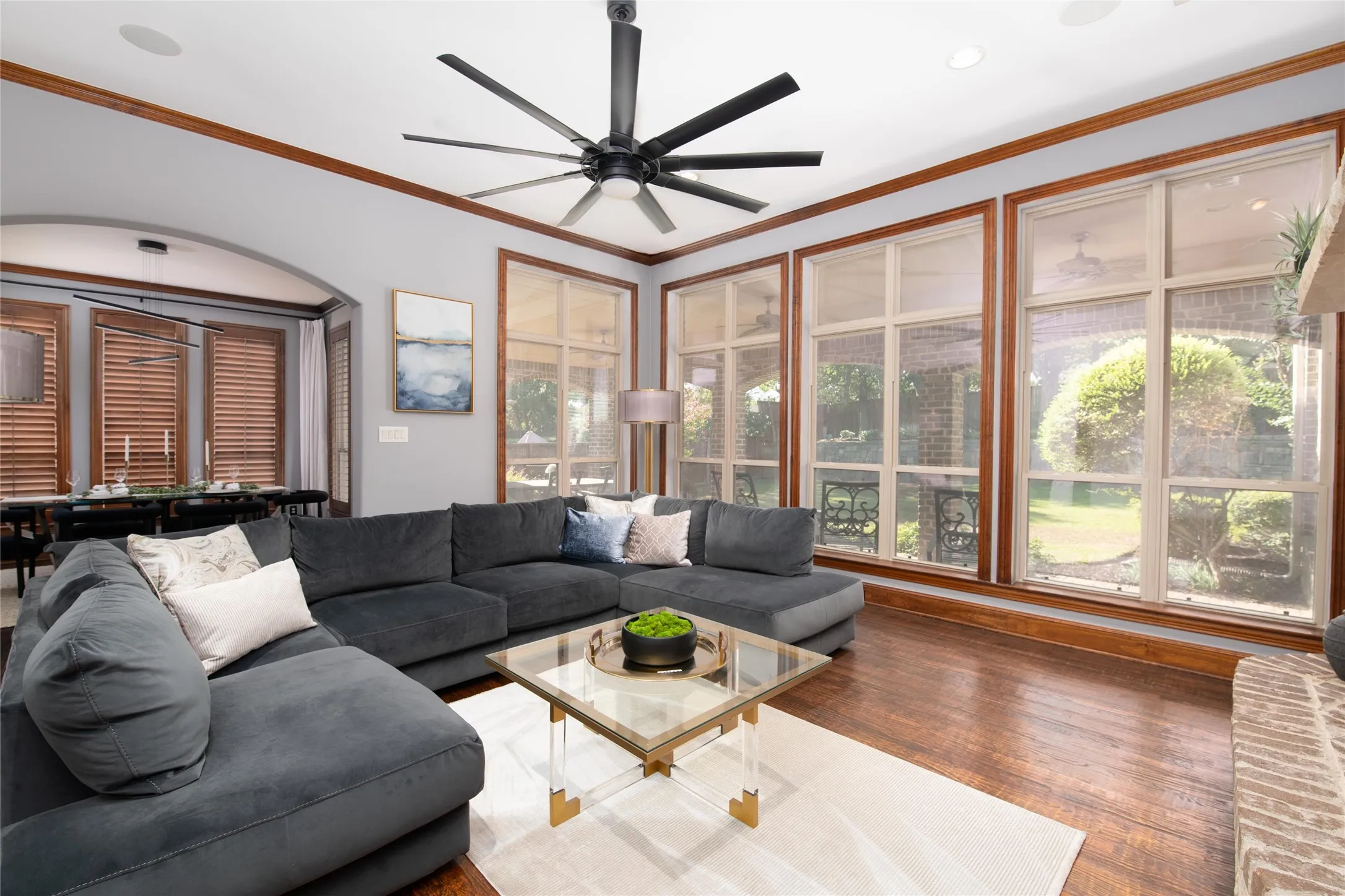 Designed for comfortable everyday living, the family room offers beautiful hardwood floors, plantation shutters and an easy connection to the kitchen.
