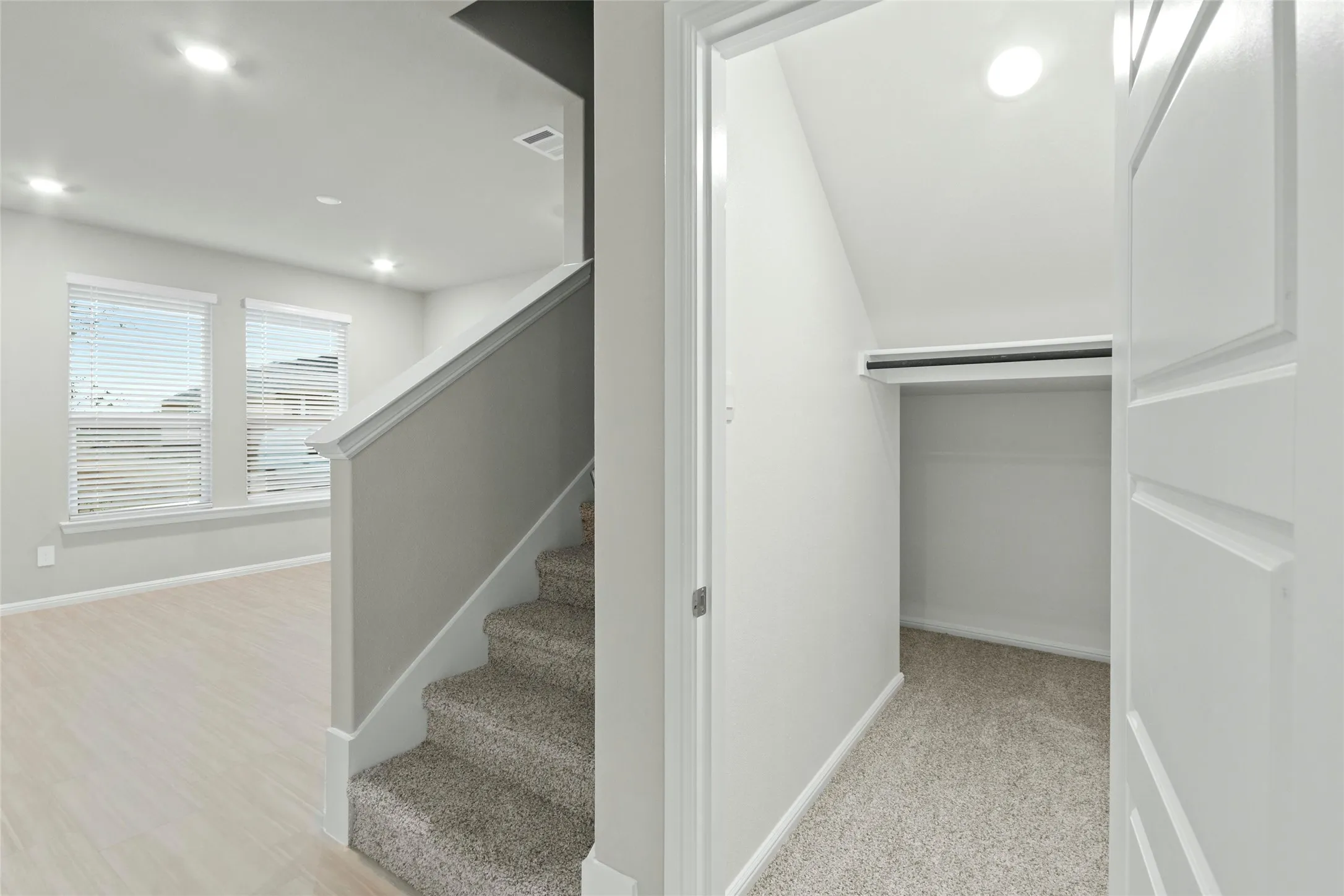 Bonus storage room under stairway with baseboards, visible vents, and recessed lighting