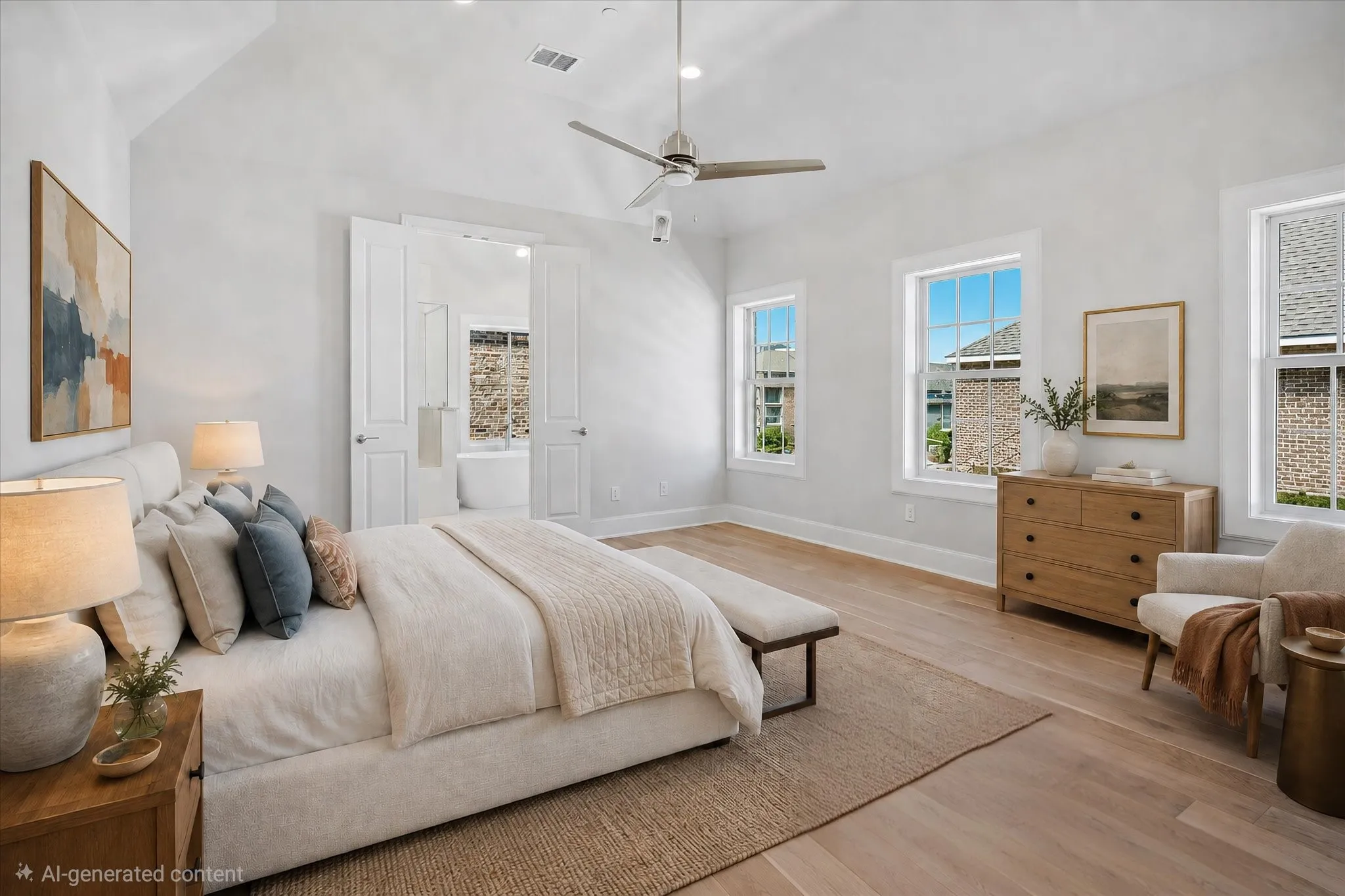 Vaulted ceiling, wood-finish flooring, recessed lighting, four paneled windows, and double doors
