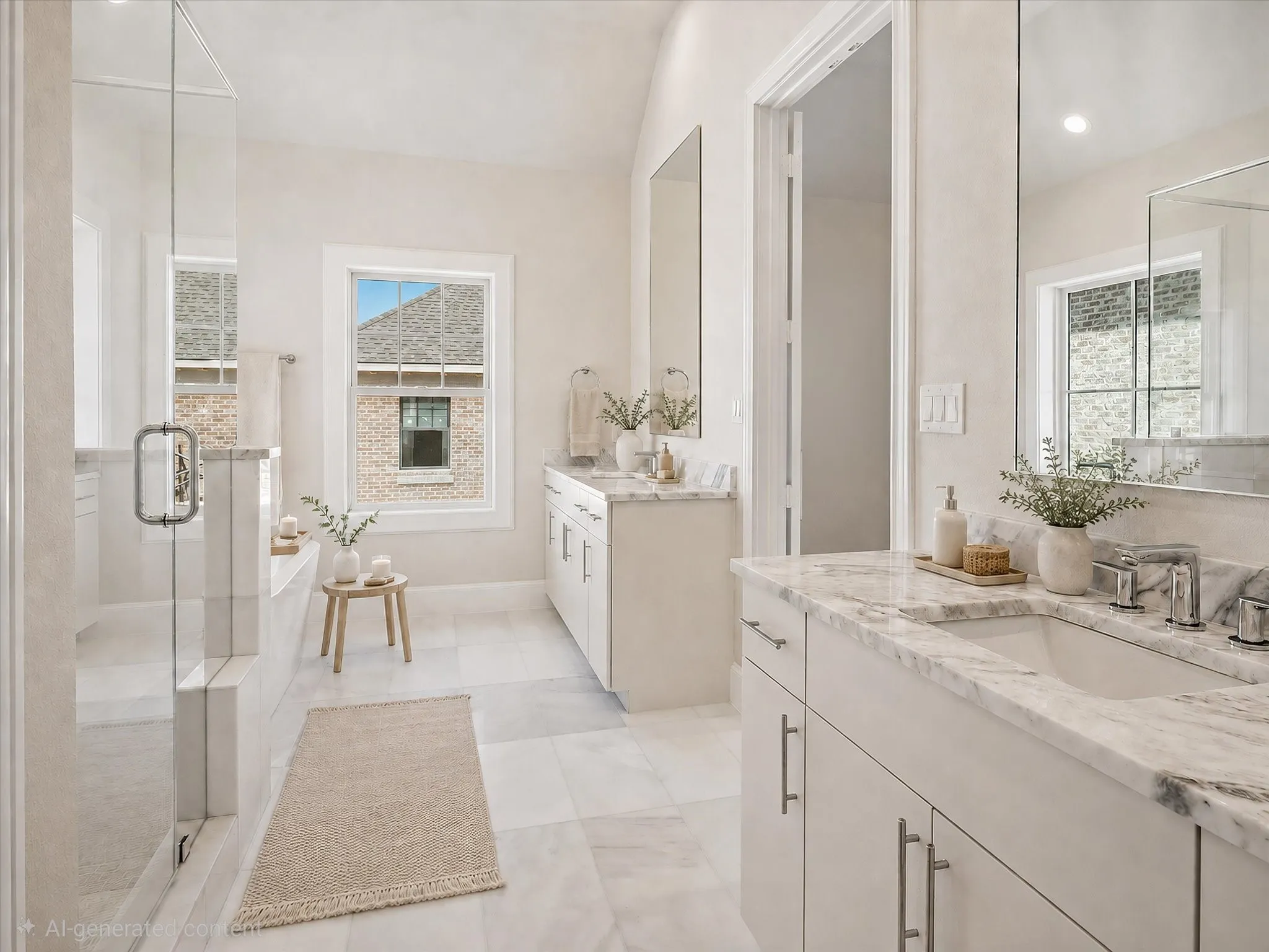 Dual vanity with integrated sinks, polished chrome fixtures, and stone countertops