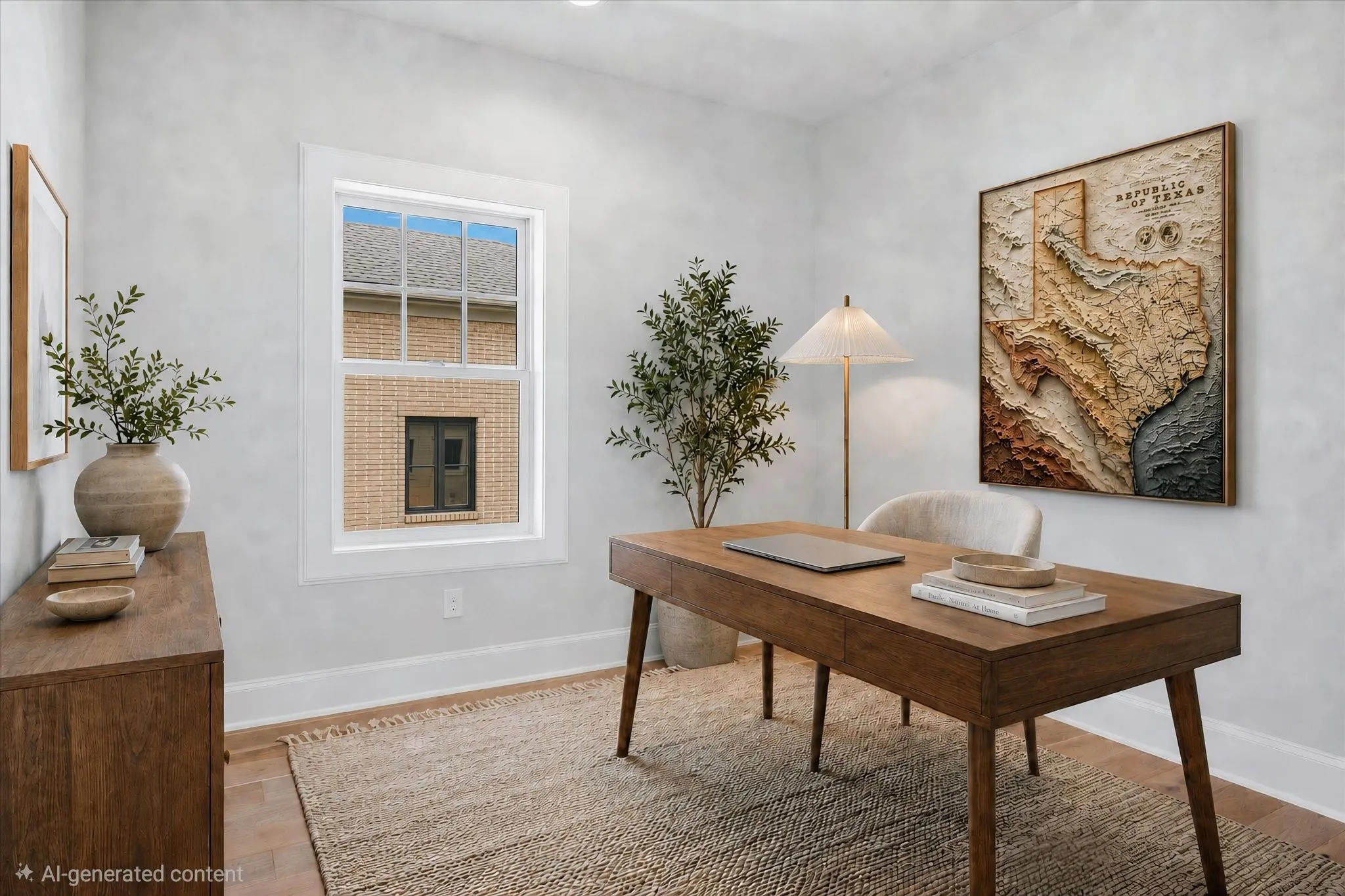 White wall finish, single-hung window, wood-finish flooring, white trim, and a built-in wood-finish cabinet