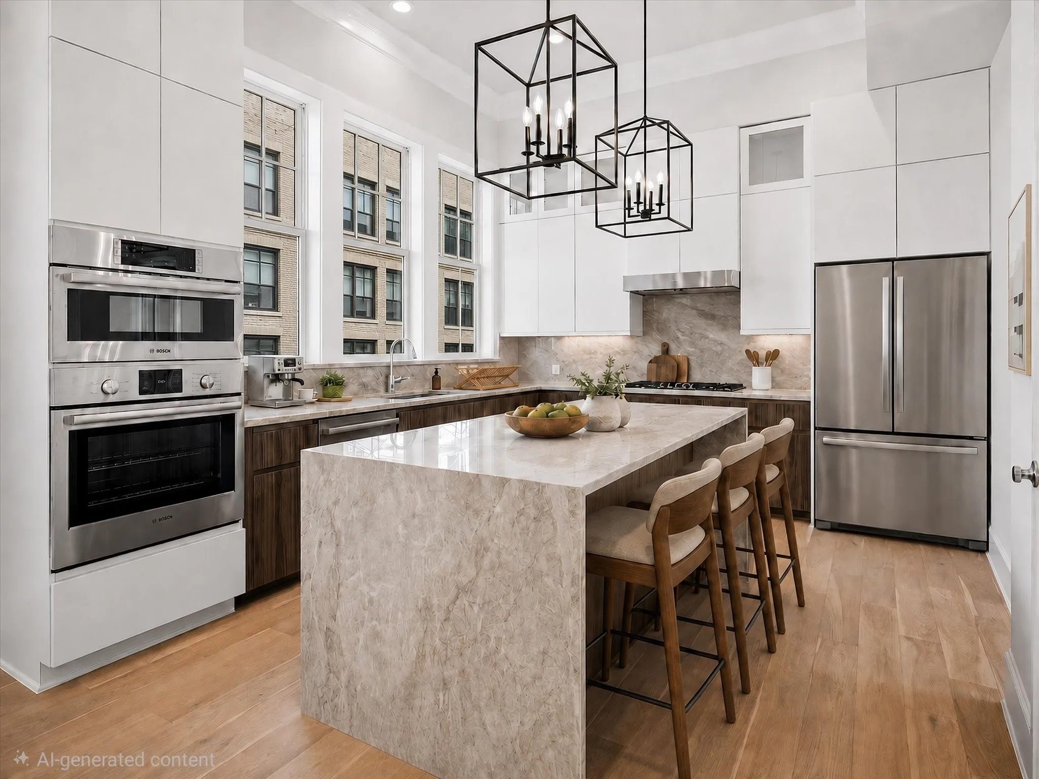 Kitchen featuring stainless steel appliances, a waterfall island, wood-finish flooring, and pendant lighting