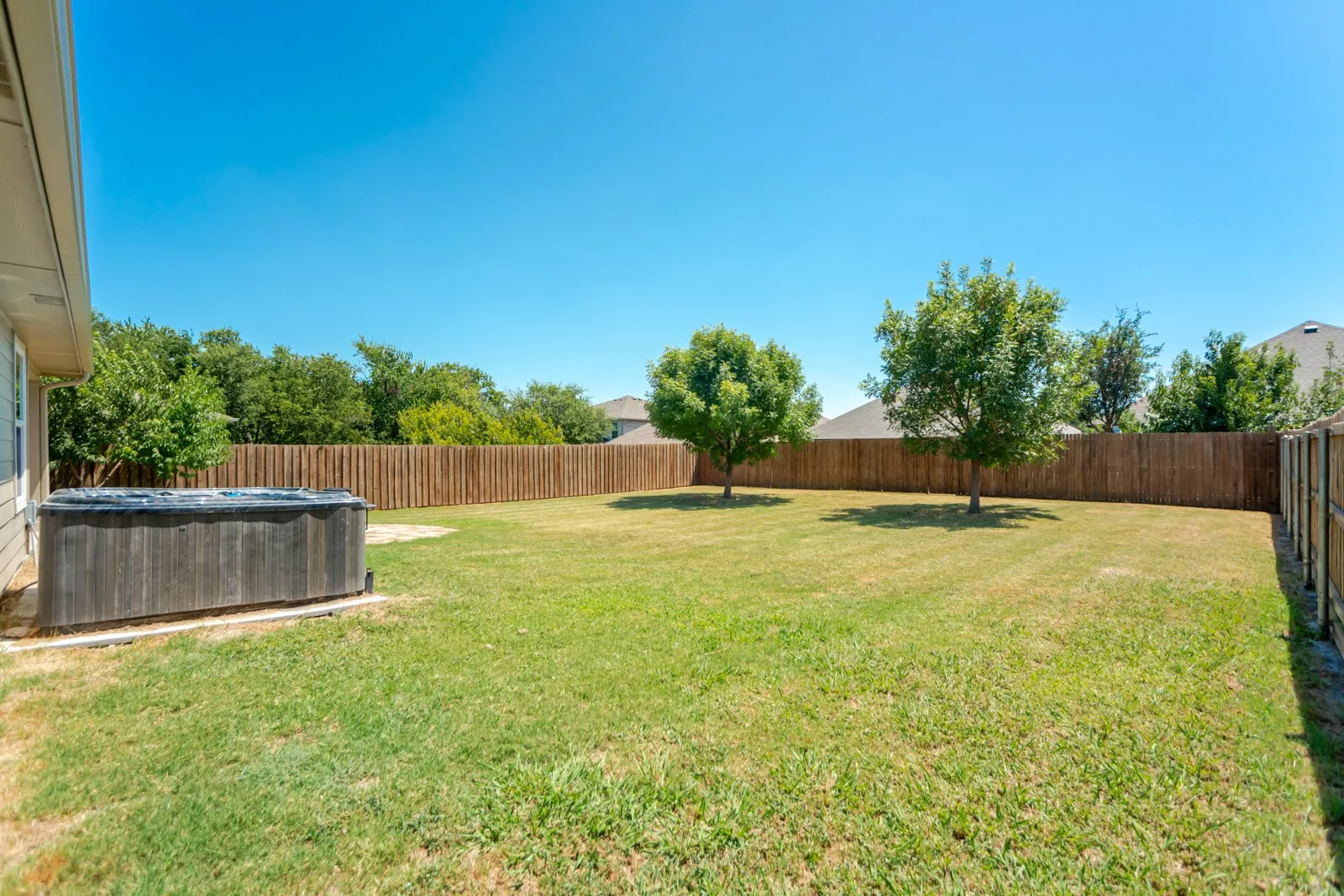 Expansive backyard featuring a wood-paneled spa, privacy fencing, two mature trees, and a substantial lawn area