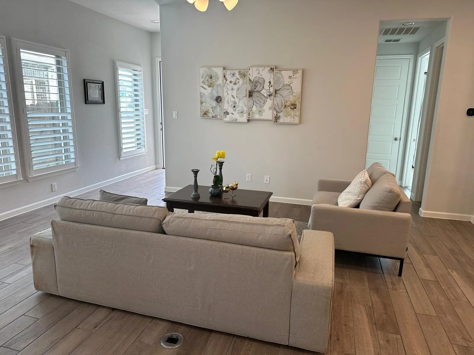 Wood-finish flooring, white plantation shutters, light gray wall paint, and a built-in ceiling light fixture