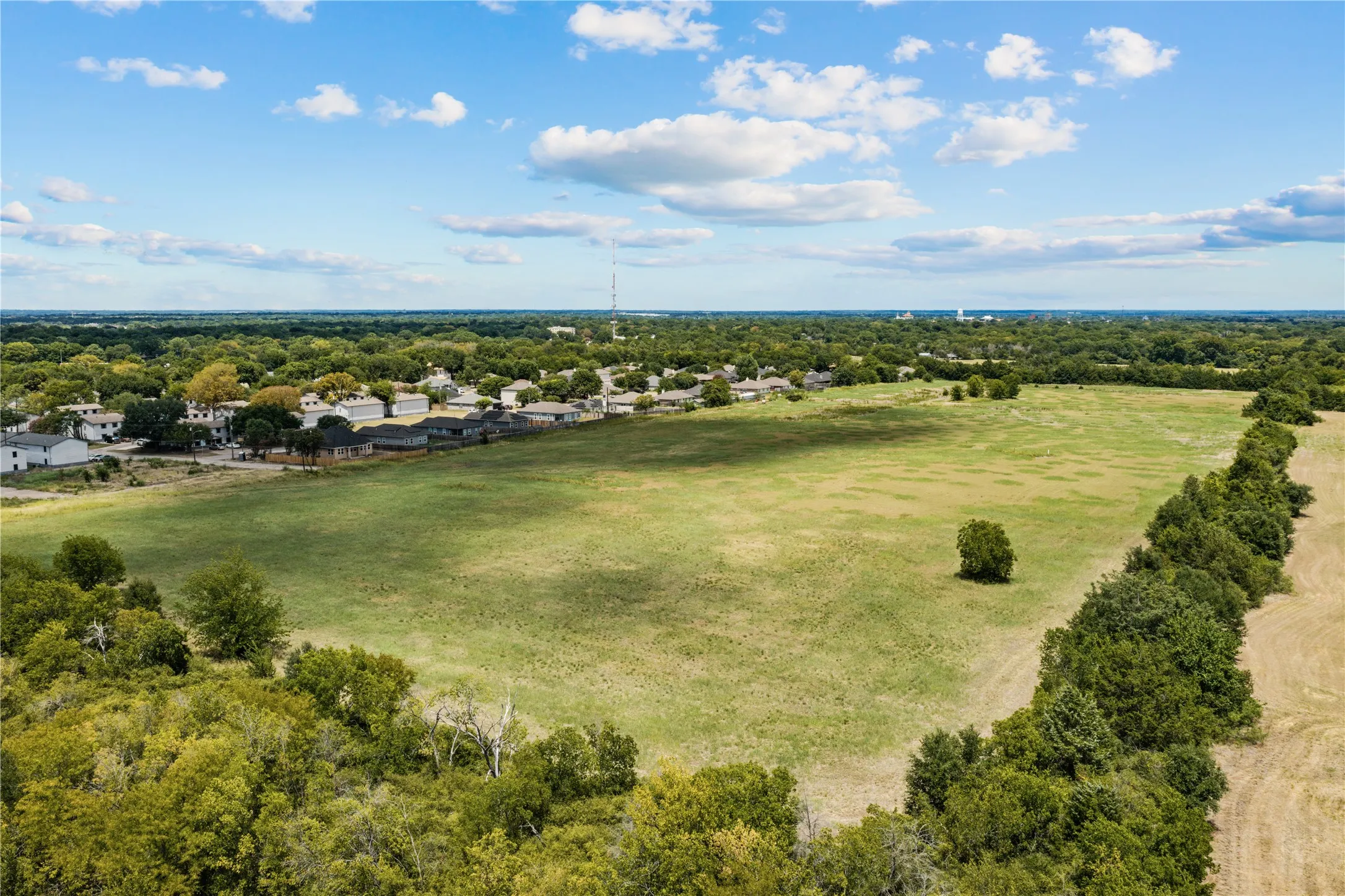 Expansive open field with scattered trees and mature tree lines