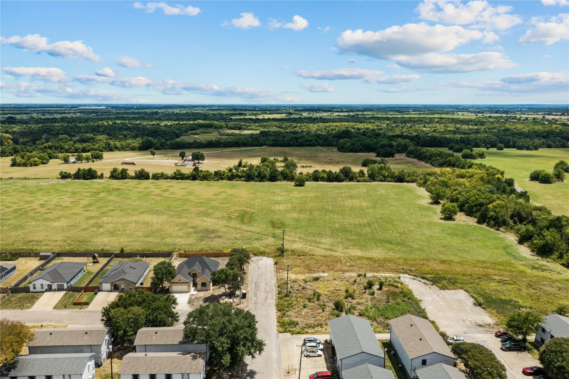 Expansive green landscape with distant tree lines