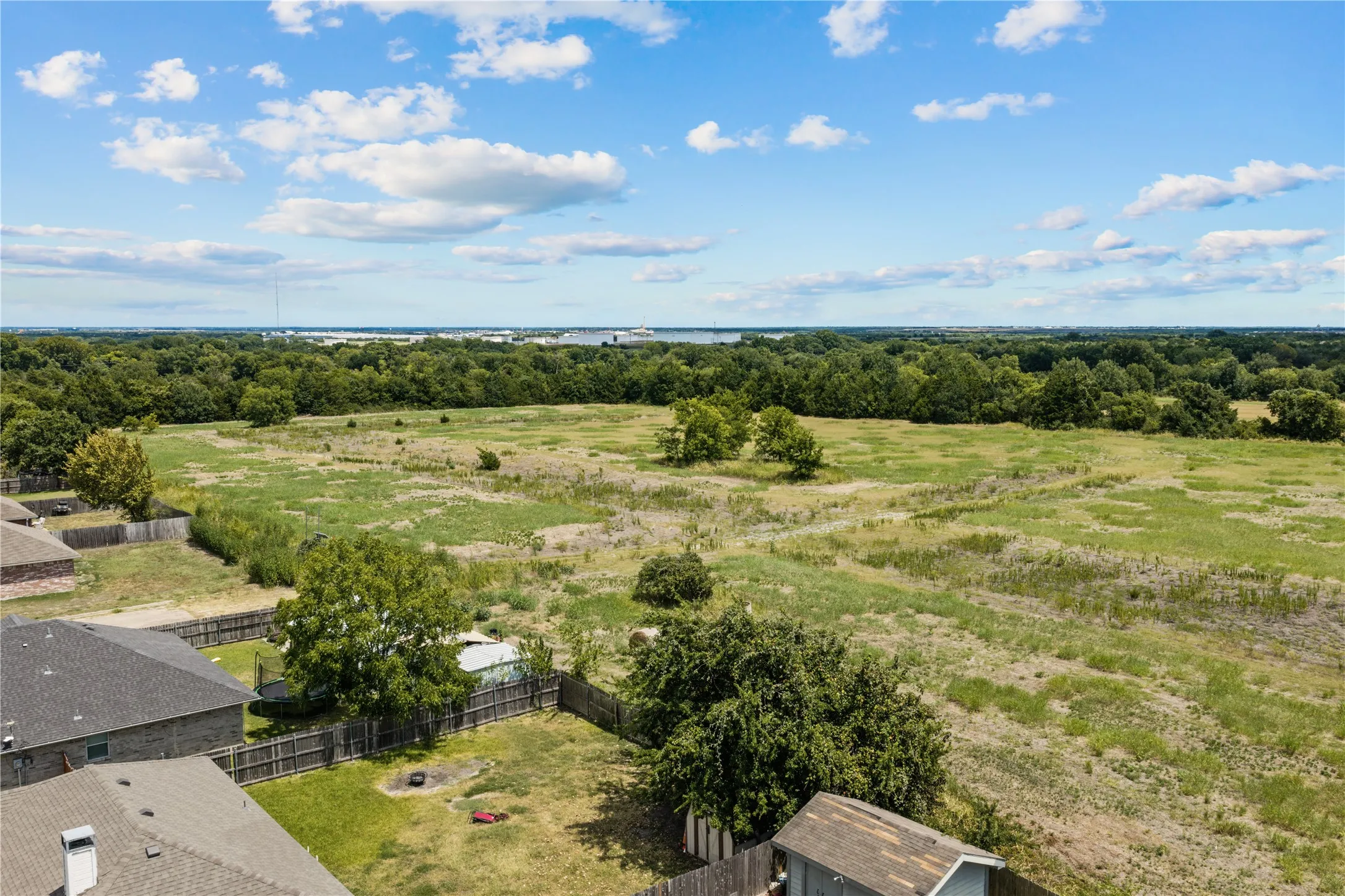 Expansive open field with scattered trees and a distant tree line