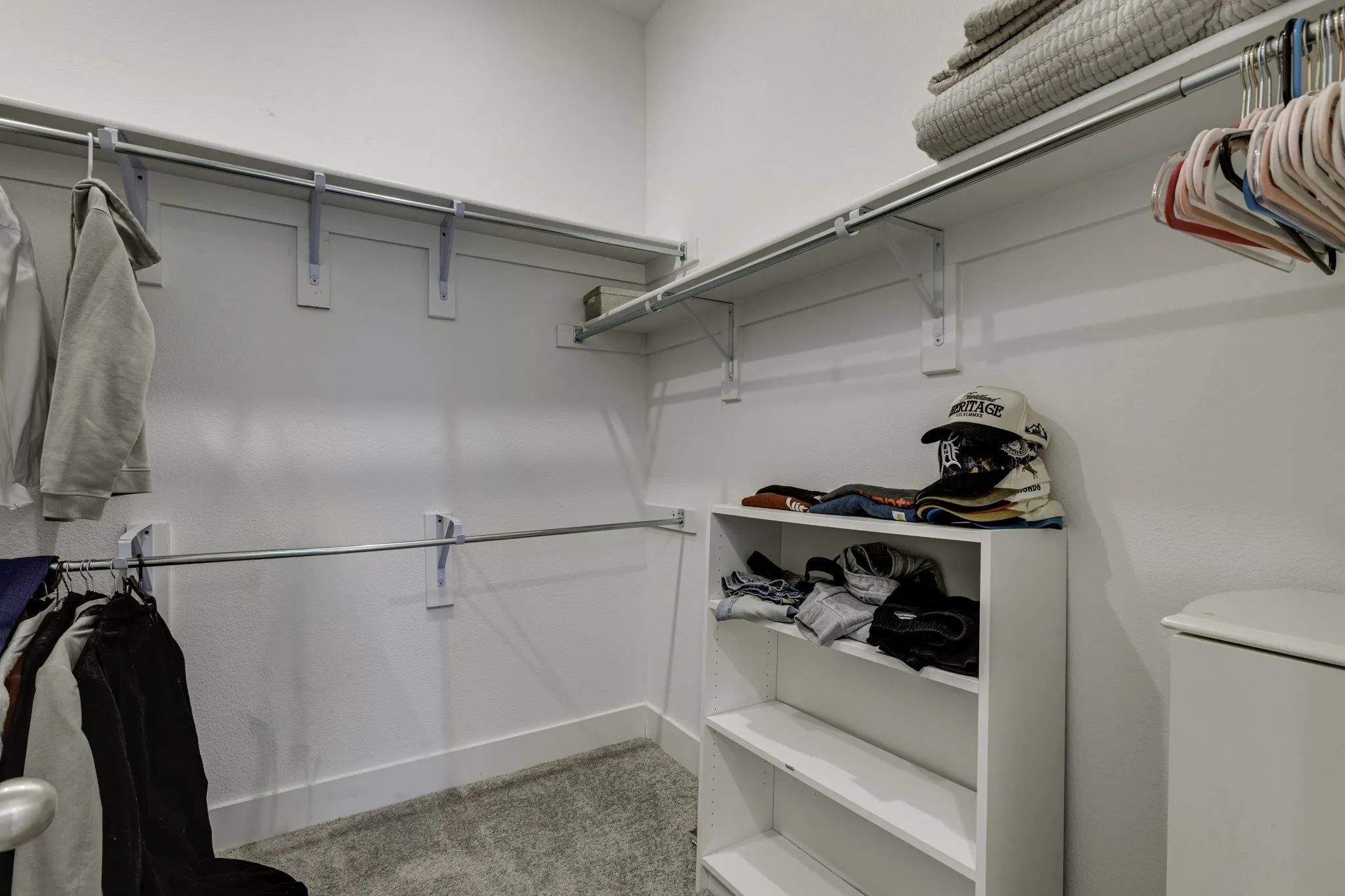 Master closest, featuring recessed lighting illuminates a well-appointed walk-in closet featuring multiple hanging rods, built-in shelving, and carpeted flooring