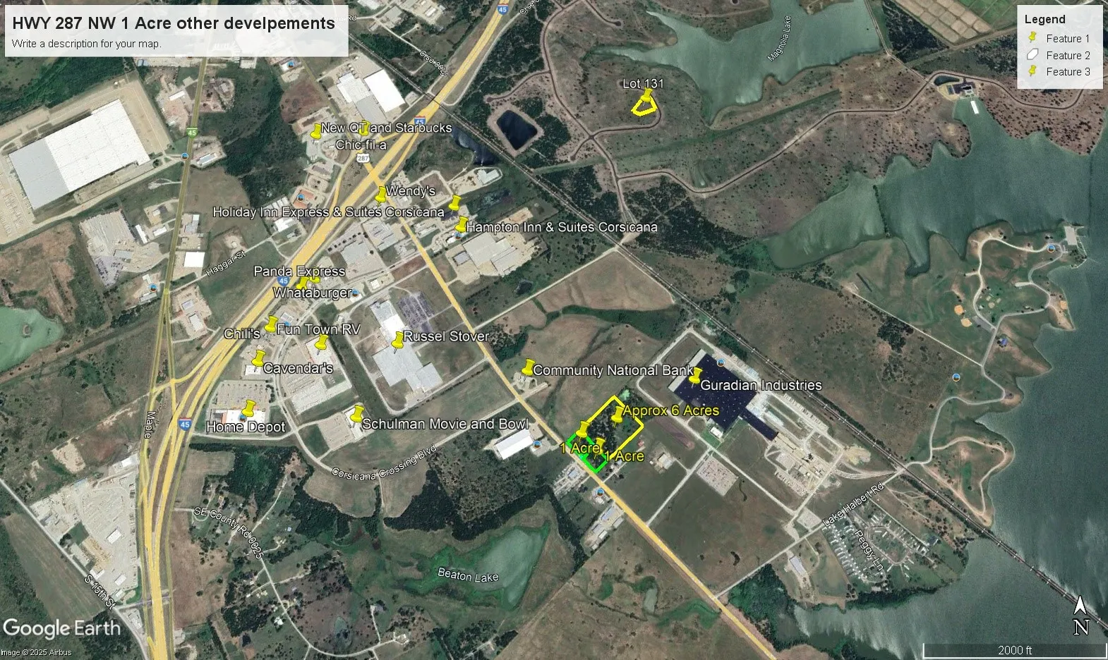 Aerial Map. Depicting a 1-acre property parcel and surrounding developments, including commercial and industrial sites, and a body of water