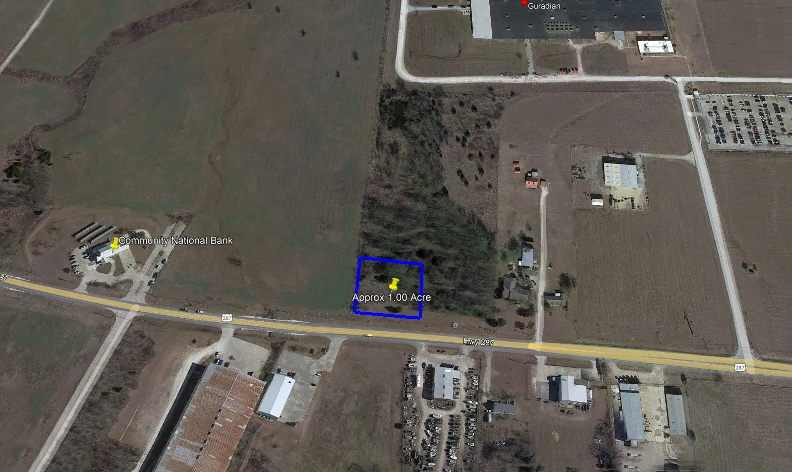 Aerial Survey. Illustrating the property's boundaries and surrounding features with an approximate area of 1.00 acre