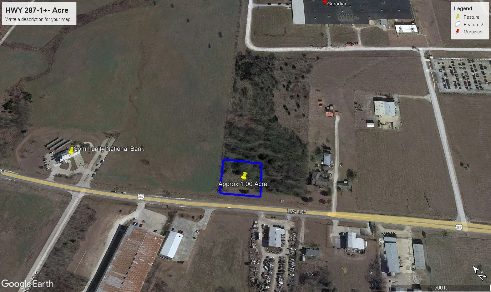 Aerial Map. Displaying a 1.00-acre property outlined in blue, situated along a highway, with surrounding commercial and undeveloped land features