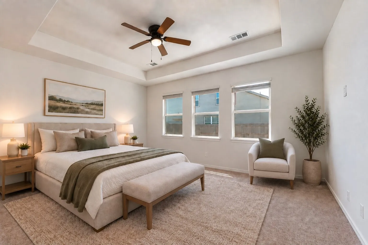 *virtually staged* Tray ceiling with a ceiling fan, three windows with roller shades, and wall-to-wall carpeting