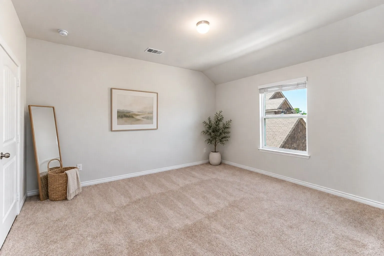*virtually staged* Carpeted flooring, single pane window, white trim, recessed lighting, and a white interior door