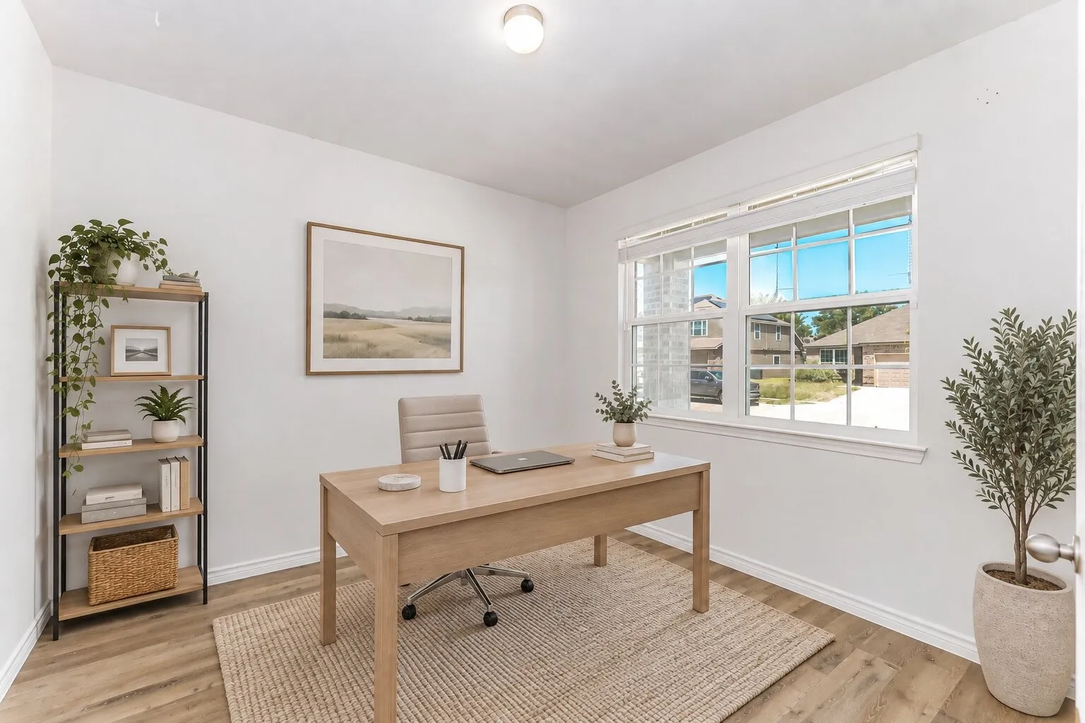 *virtually staged* Recessed ceiling light, wood-finish flooring, white trim, and a large window with white blinds