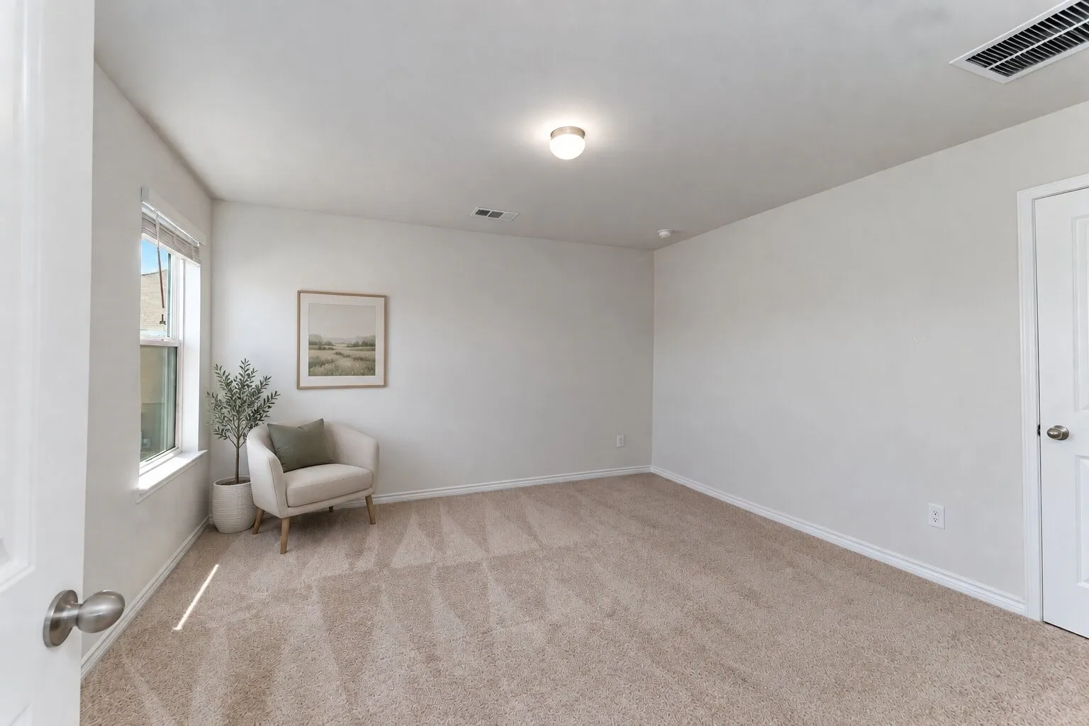 *virtually staged* Carpeted room featuring a single window with blinds, white walls, and a recessed ceiling light