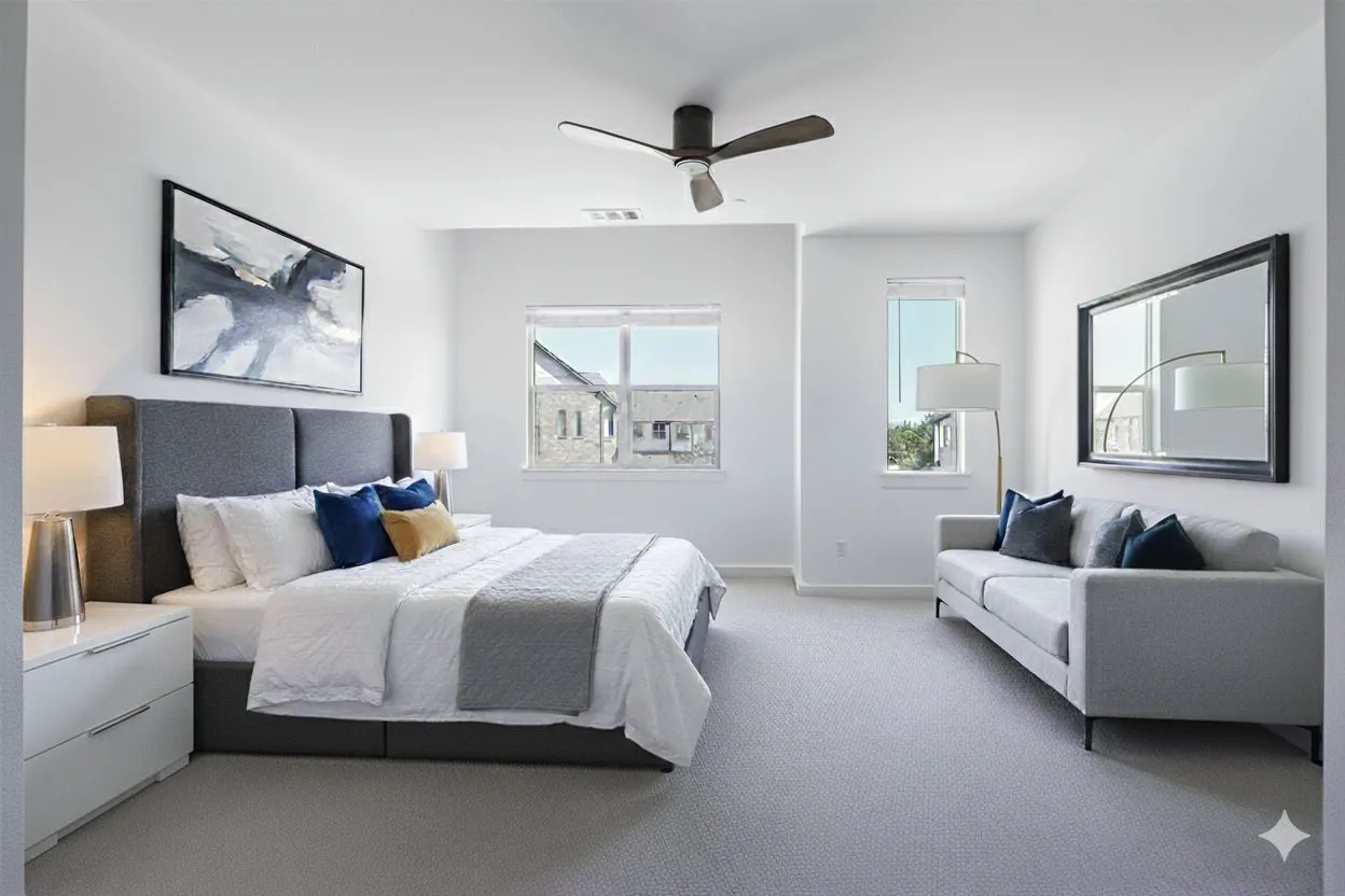 Bedroom featuring light colored carpet and a ceiling fan