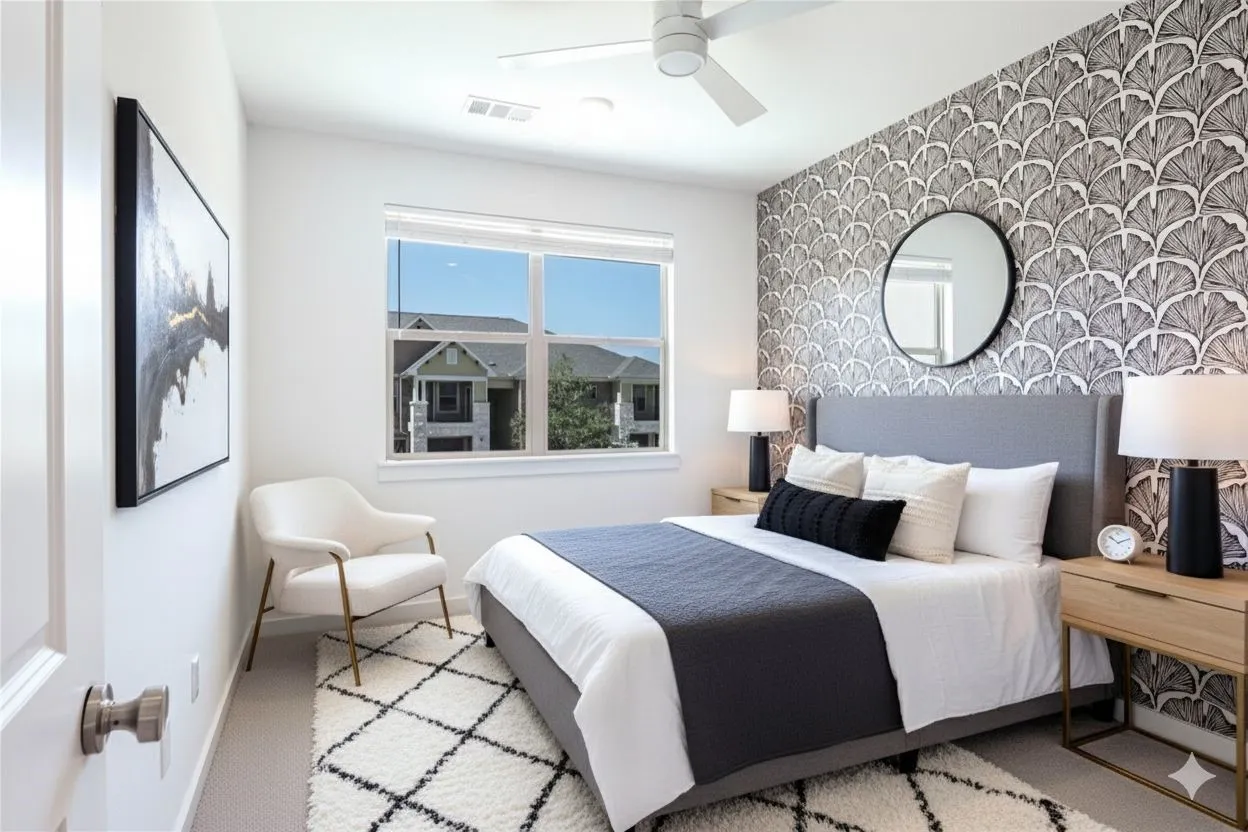 Carpeted bedroom with an accent wall, ceiling fan, and wallpapered walls